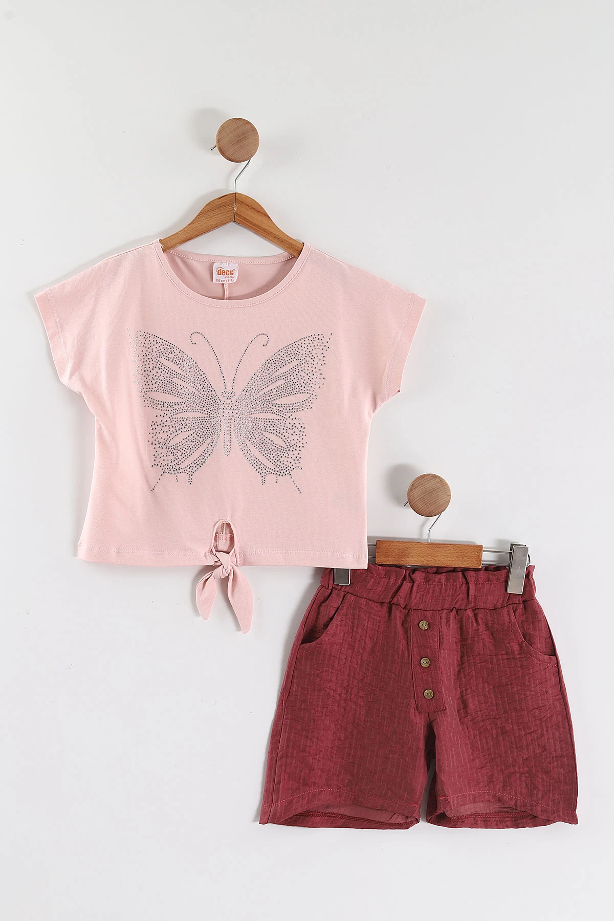 Pembe (6-10 Yaş) Kelebekli Taş Baskılı Tişörtlü Müslin Şortlu  Kız Çocuk Yazlık Takım 454813