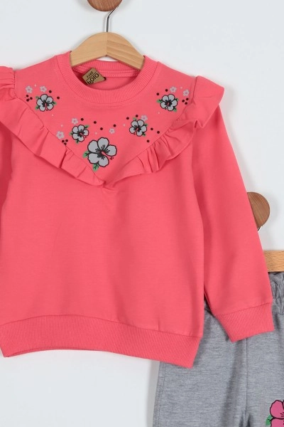 Pembe (6-10 Yaş) Omuz Fırfırlı Çiçek Baskılı Kız Çocuk Takım 288935