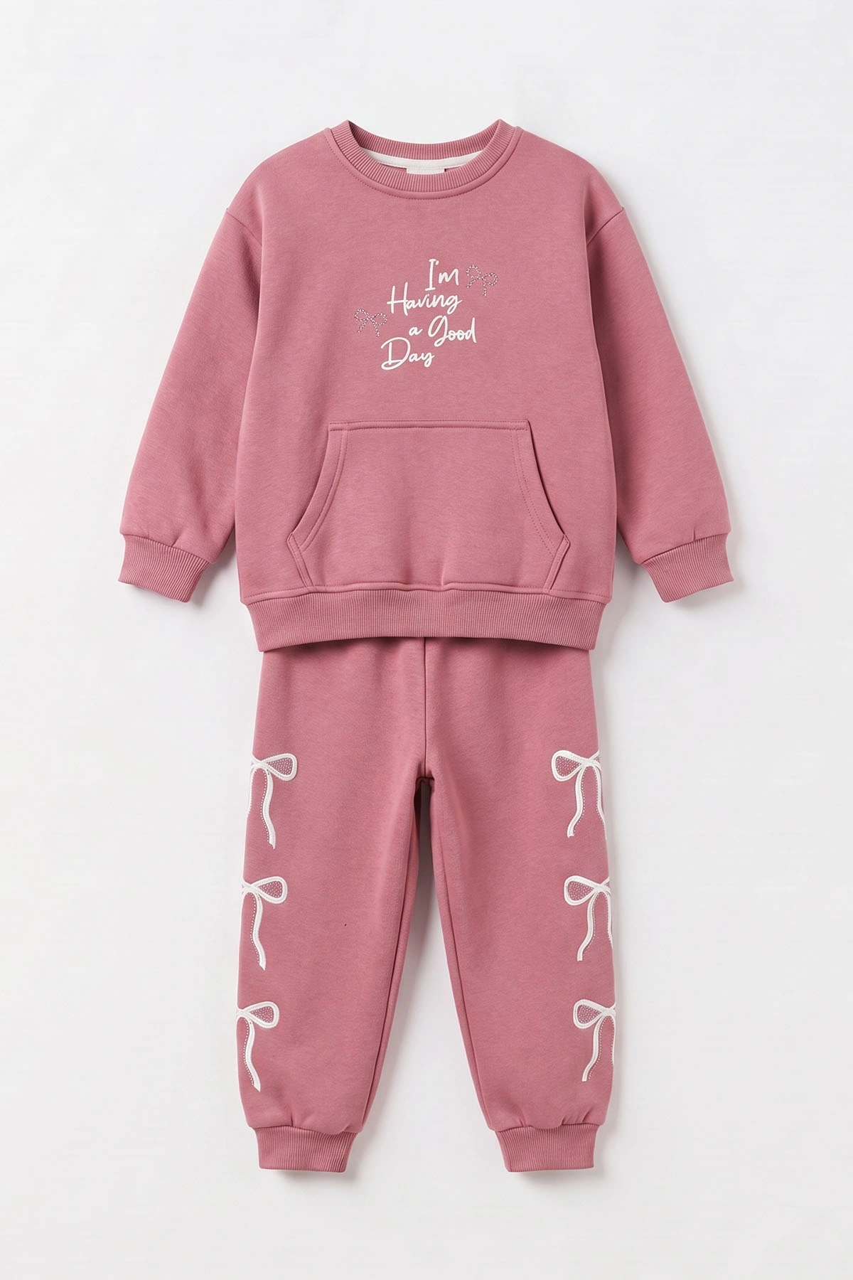 Pembe (6-10 Yaş)Baskılı Kanguru Cepli 3 İp Şardonlu Kız Çocuk Kışlık Takım 499090