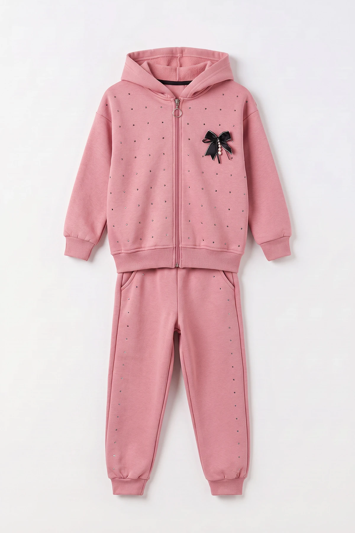 Pembe (6-10 Yaş)Taşlı Fiyonklu Kapüşonlu 3 İp Şardonlu Kız Çocuk Kışlık Takım 499094