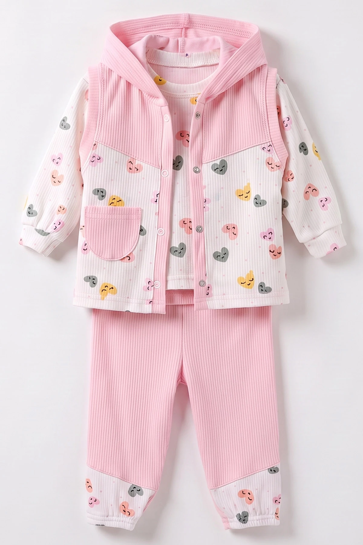 Pembe (6-12 Ay) Kalp  Baskılı   Kapüşonlu Yelekli Kız Bebek 3'lü Takım 480233