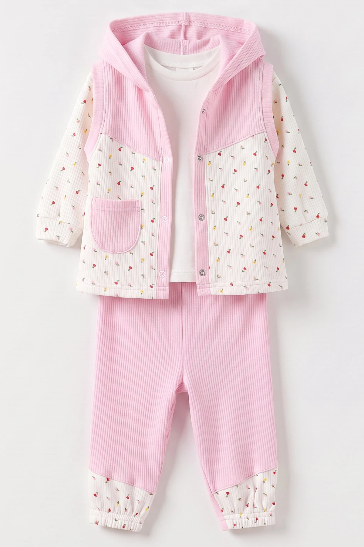 Pembe (6-12 Ay) Lale Baskılı Kapüşonlu Yelekli Kız Bebek 3'lü Takım 480162