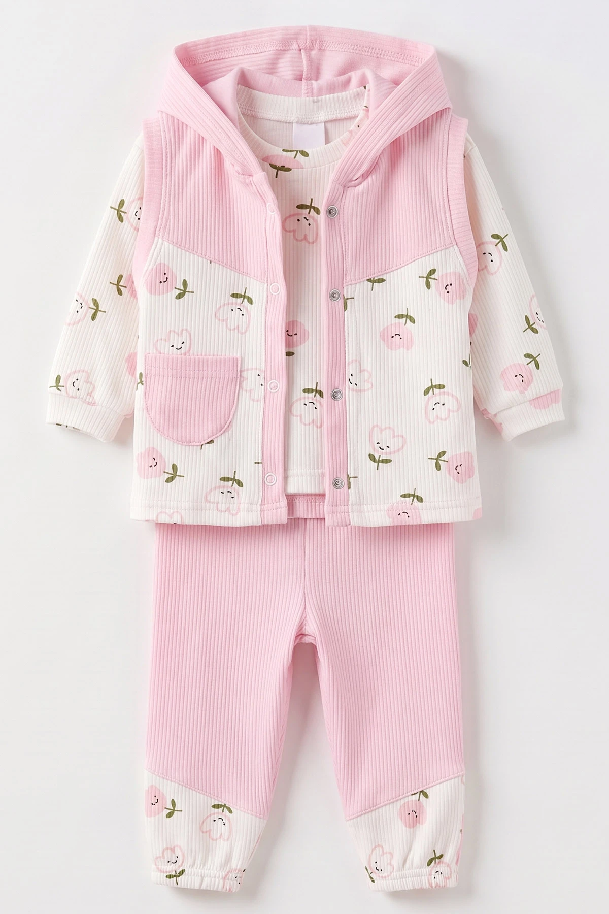Pembe (6-12 Ay) Lale Baskılı   Kapüşonlu Yelekli Kız Bebek 3'lü Takım 480242