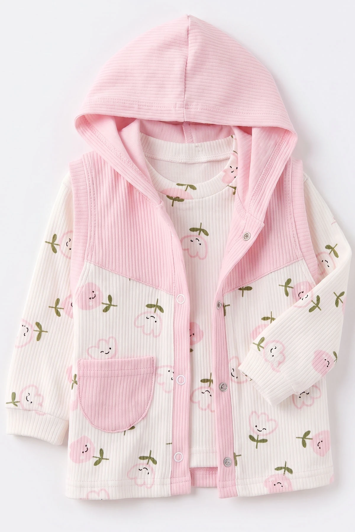 Pembe (6-12 Ay) Lale Baskılı Kapüşonlu Yelekli Kız Bebek 3'lü Takım 480242