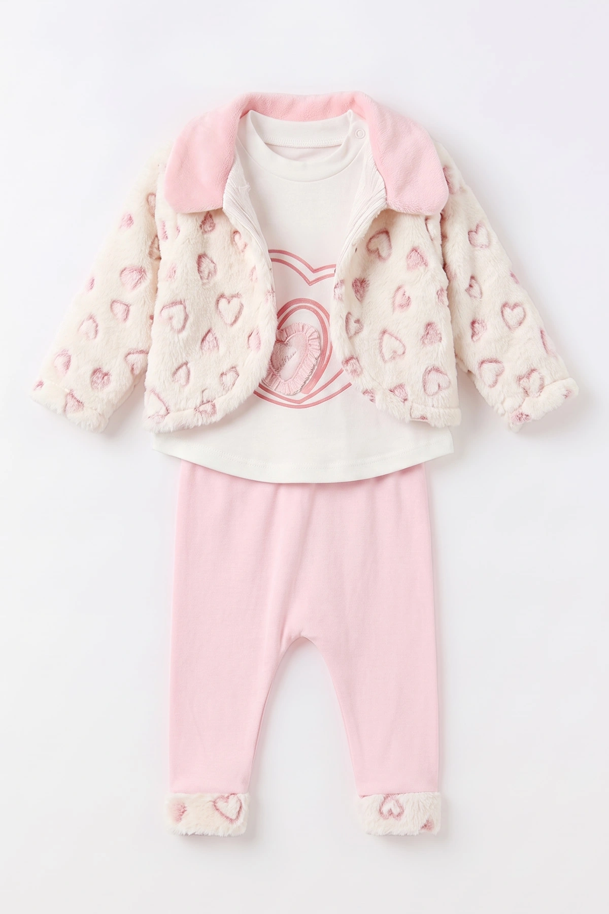 Pembe (6-12 Ay) Pelüş Ceketli Pantolon Sweatshirt 3'lü Kız Bebek Takım 495564