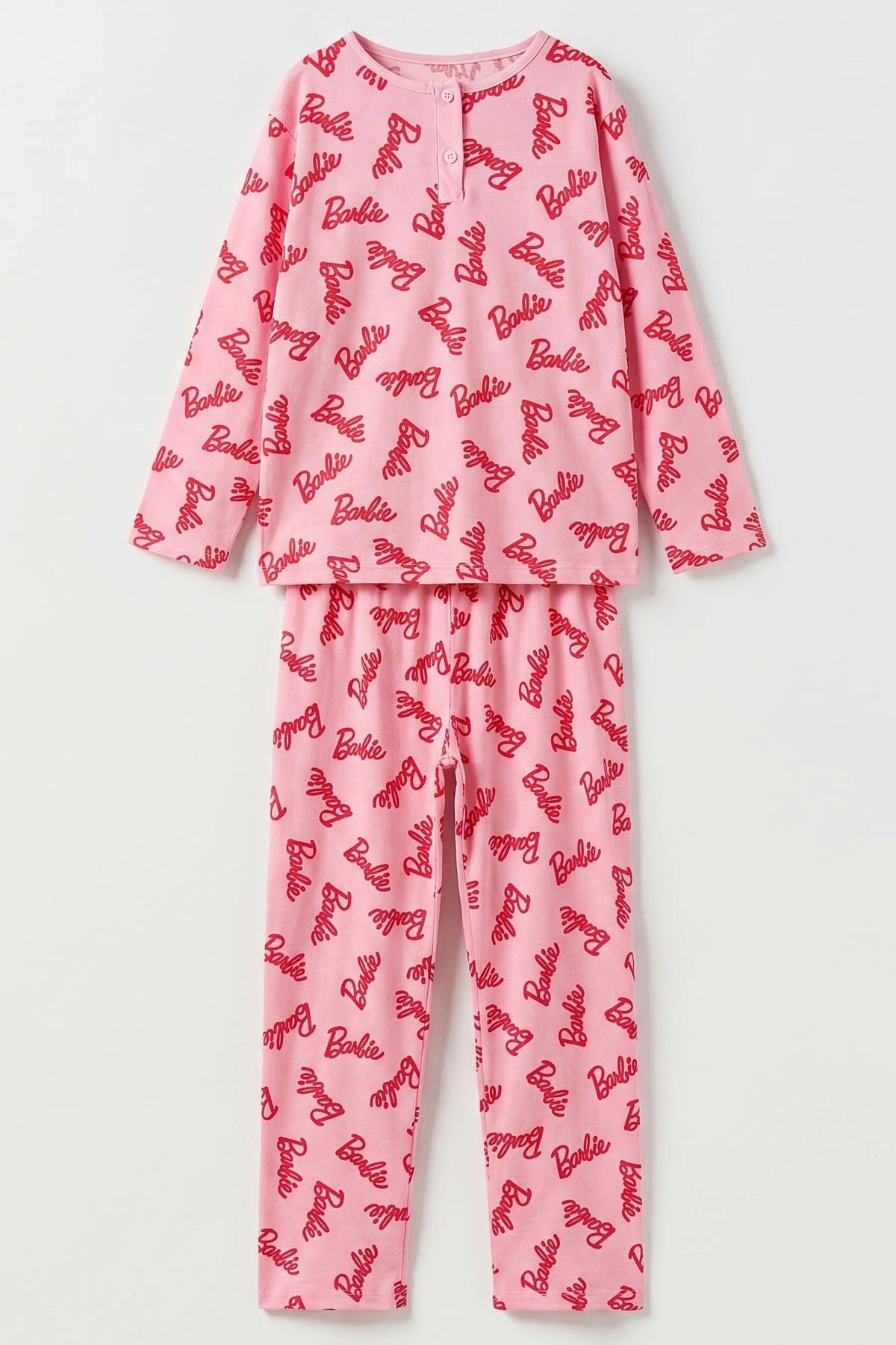 Pembe (6-14 Yaş) Desenli Yakadan Yarım Düğmeli Süprem Kumaş Kız Çocuk Pijama Takımı 487224