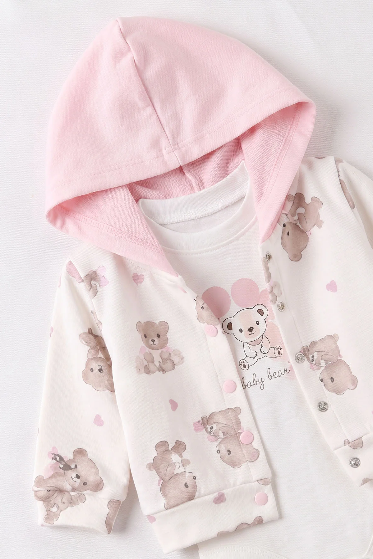 Pembe (6-18 Ay) Ayıcık Baskılı İki İplik  3'lü Kız Bebek Takım 492667
