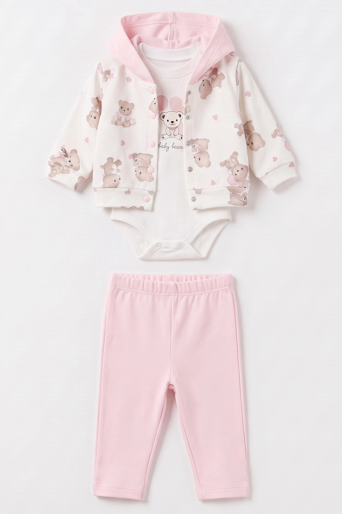 Pembe (6-18 Ay) Ayıcık Baskılı İki İplik 3'lü Kız Bebek Takım 492667