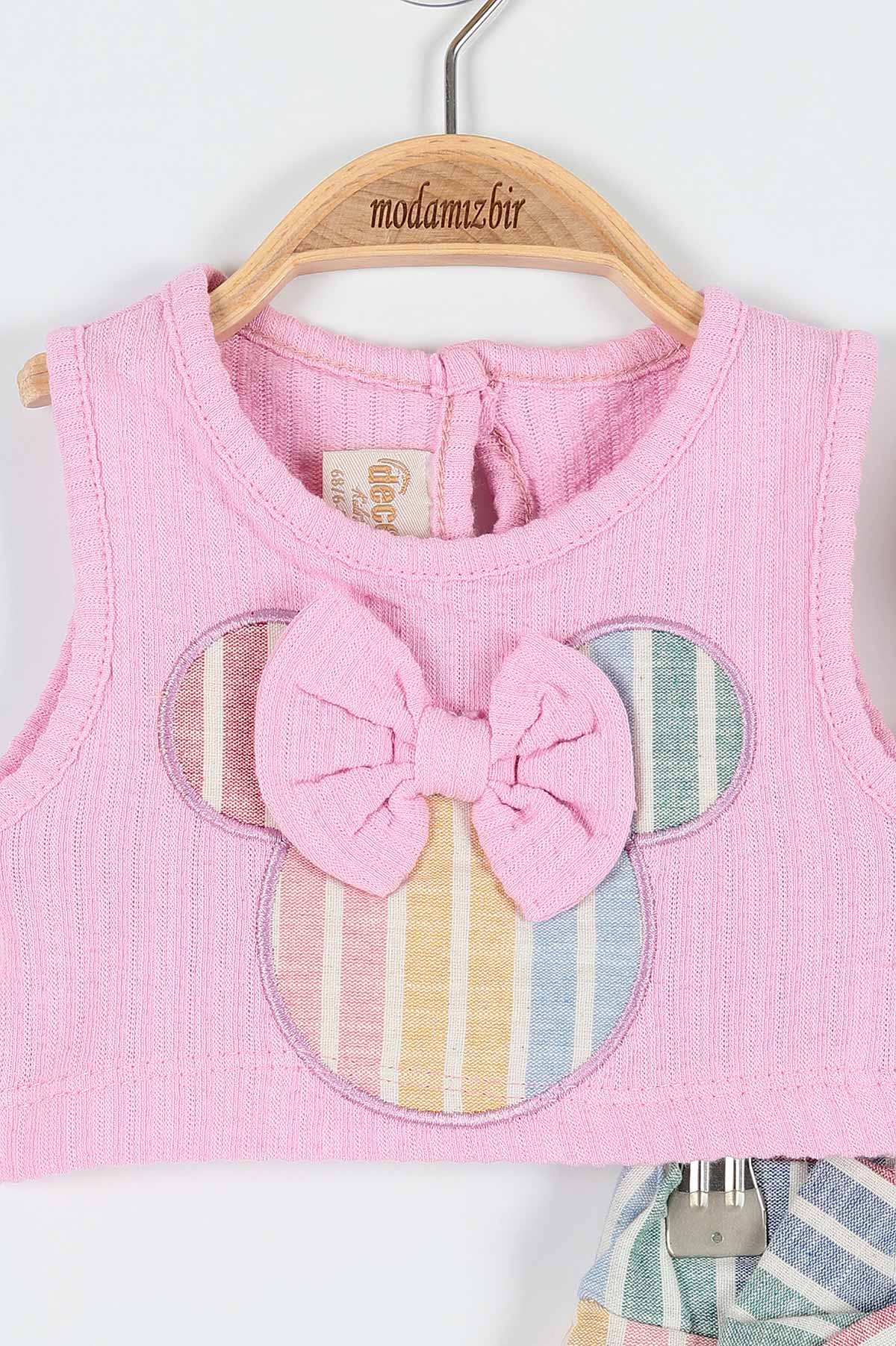 Pembe (6-18 Ay) Fiyonklu Fare Nakışlı Çizgi Detaylı Şortlu Kız Bebe Takım 178050
