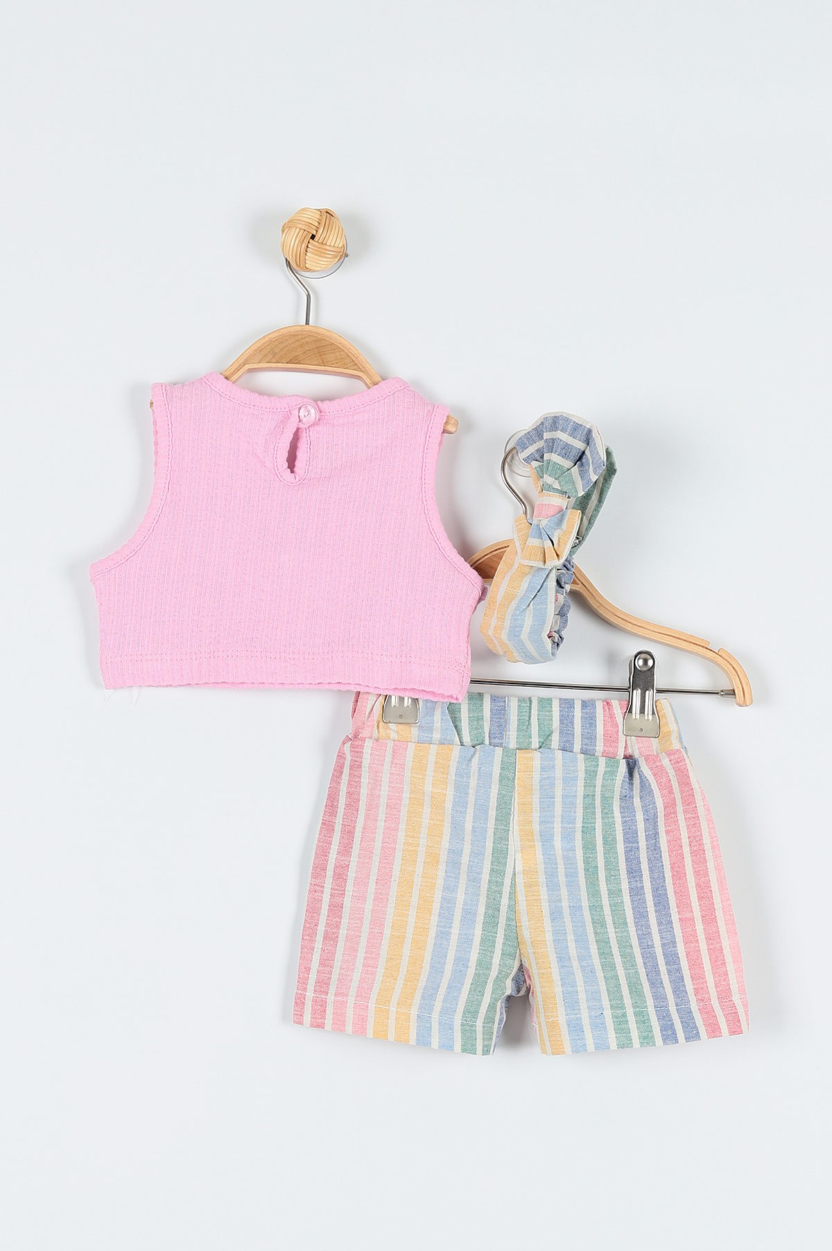 Pembe (6-18 Ay) Fiyonklu Fare Nakışlı Çizgi Detaylı Şortlu Kız Bebe Takım 178050