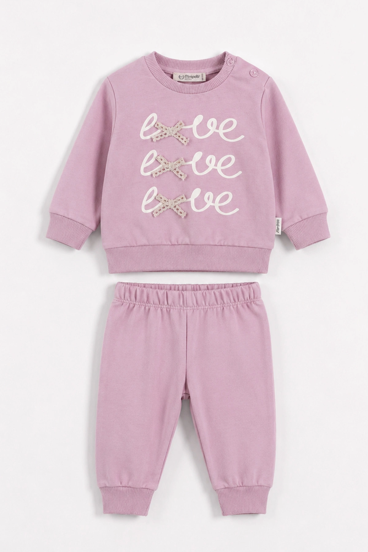 Pembe (6-18 Ay )Love Baskılı Fiyonklu Omuz Düğmeli Kız Bebek Takım 478128