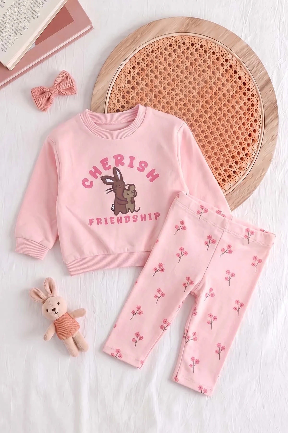 Pembe (6-18 Ay) Tavşan Ve Fare Basklı Taytlı Kız Bebek 2'li Takım 479152