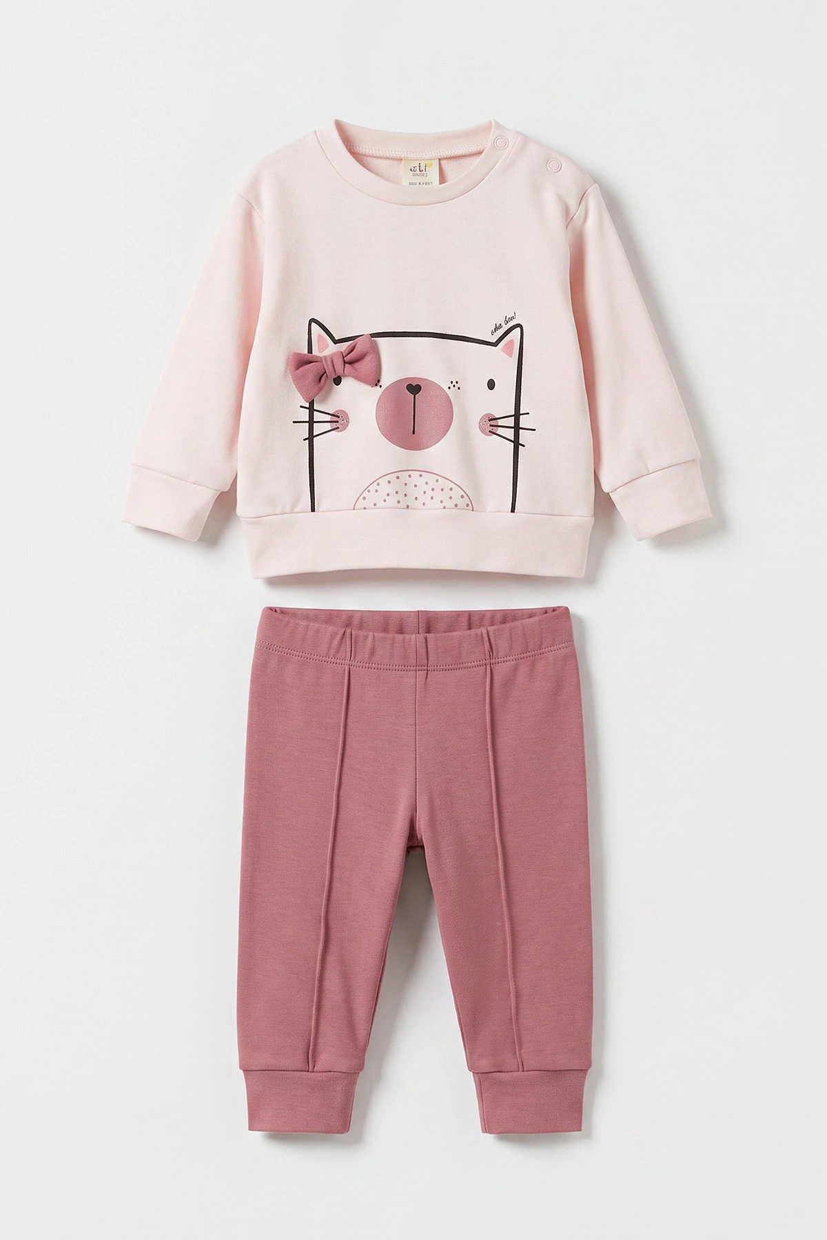 Pembe (6-18 Ay)Fiyonklu Kedicik Baskılı Çıtçıtlı Çimalı Kız Bebek Takım 477635