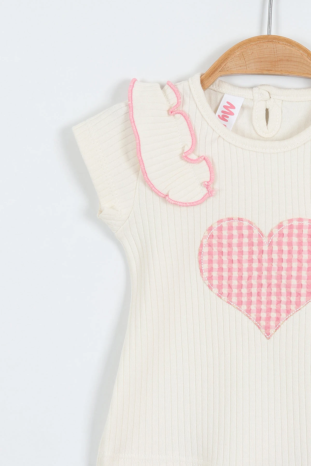 Pembe (6-18 Ay)Kalp Nakışlı Ekose Desen Kız Bebek Yazlık Takım 357471