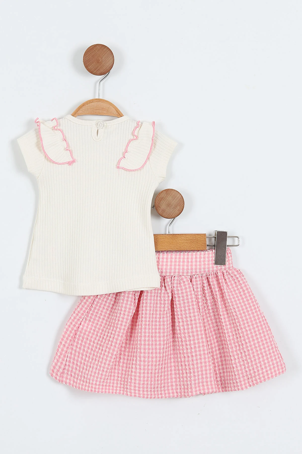 Pembe (6-18 Ay)Kalp Nakışlı Ekose Desen Kız Bebek Yazlık Takım 357471
