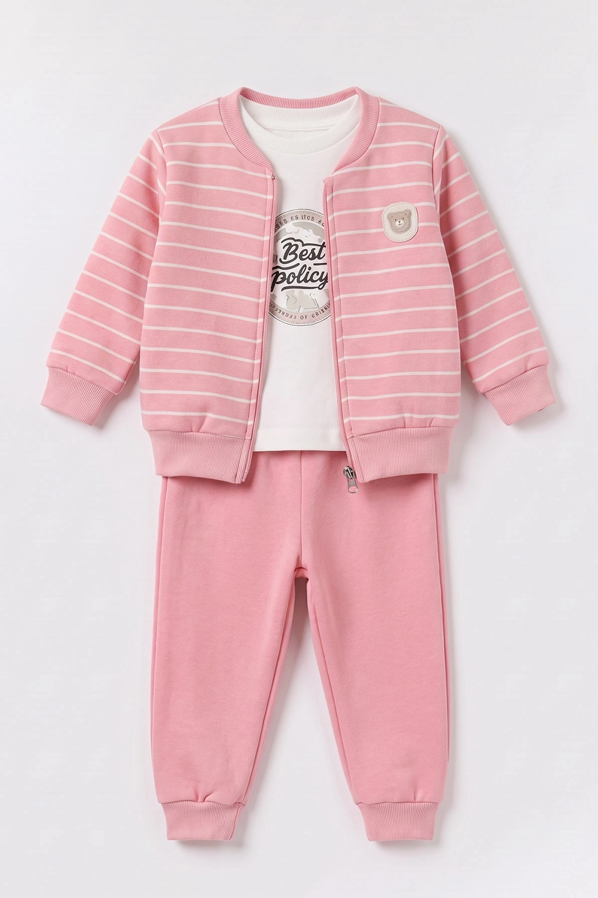 Pembe (6-24 Ay) Ayıcık Nakışlı Çizgili Hırkalı 3 İp Şardonlu Kız Bebek 3'lü Takım 497161