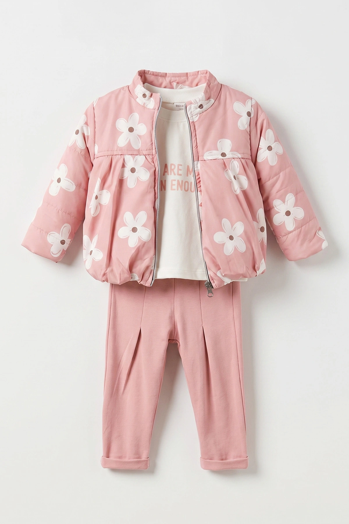 Pembe (6-24 Ay) Badili Çiçek Baskılı Kolları  Fırfırlı   Montlu Kız Bebek 3'lü Takım 471653