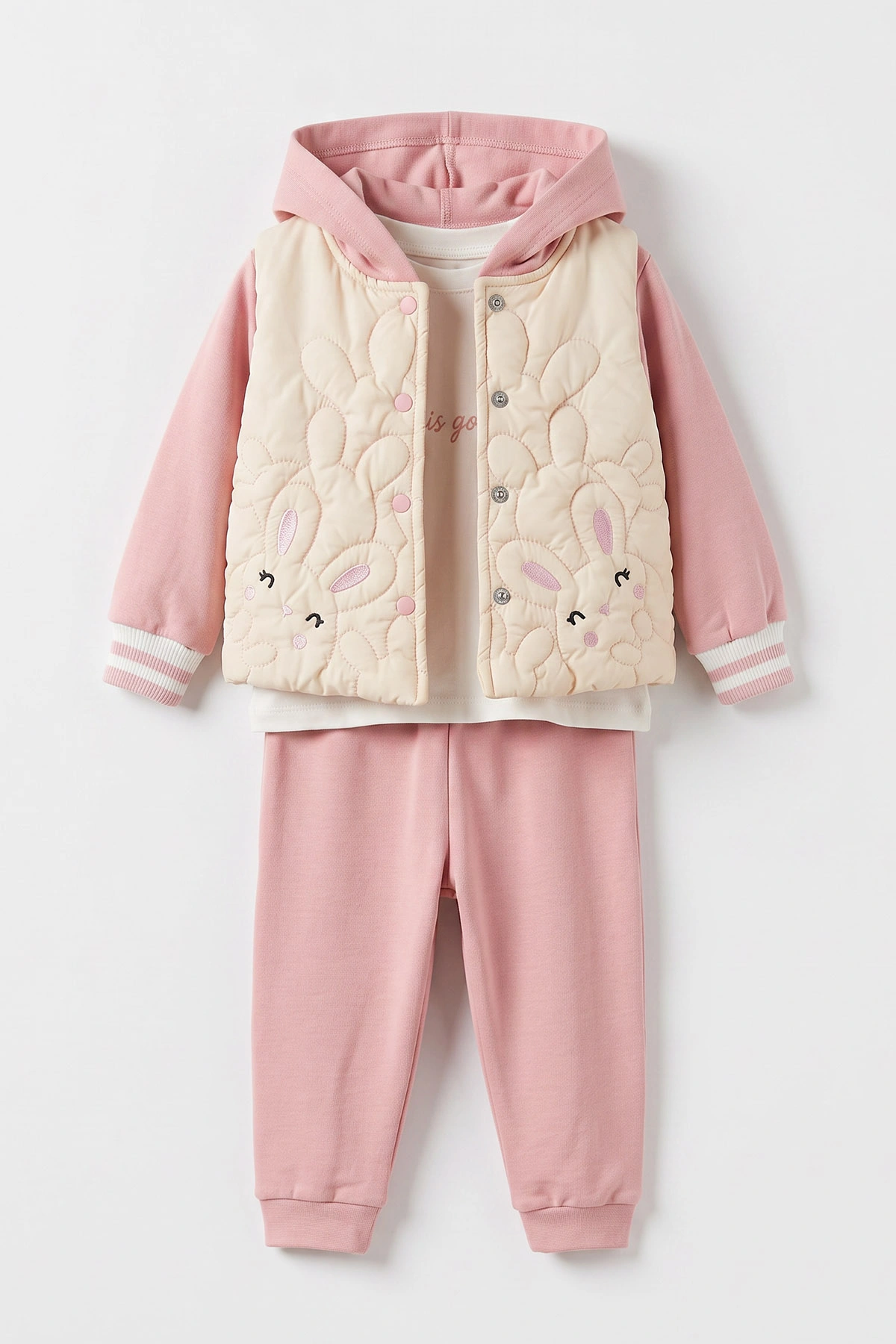 Pembe (6-24 Ay) Badili Tavşan Nakışlı Kapüşonlu  Yağmurluklu Kız Bebek 3'lü Takım 471647