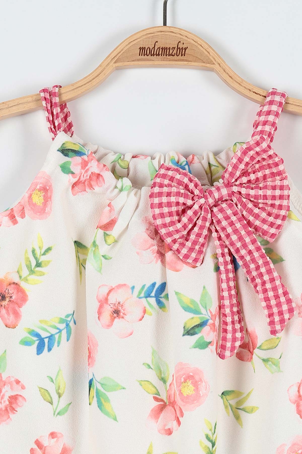 Pembe (6-24 Ay) Çiçek Baskılı Fiyonklu Askılı Şortlu Kız Bebe Takım 184459