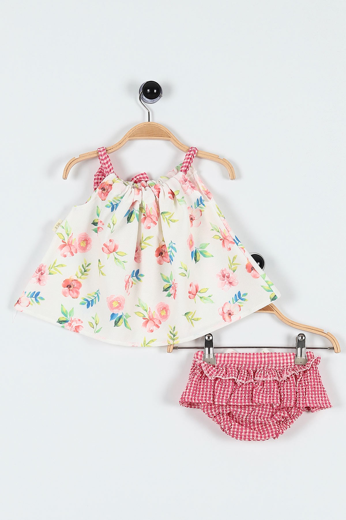Pembe (6-24 Ay) Çiçek Baskılı Fiyonklu Askılı Şortlu Kız Bebe Takım 184459