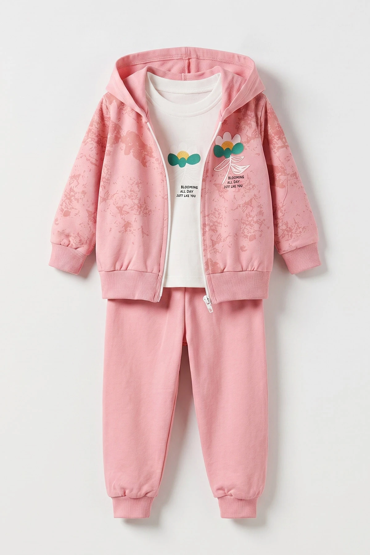 Pembe (6-24 Ay) Çiçek Baskılı  Hırkalı   Kapüşonlu Kız Bebek 3'lü Mevsimlik Takım 475668