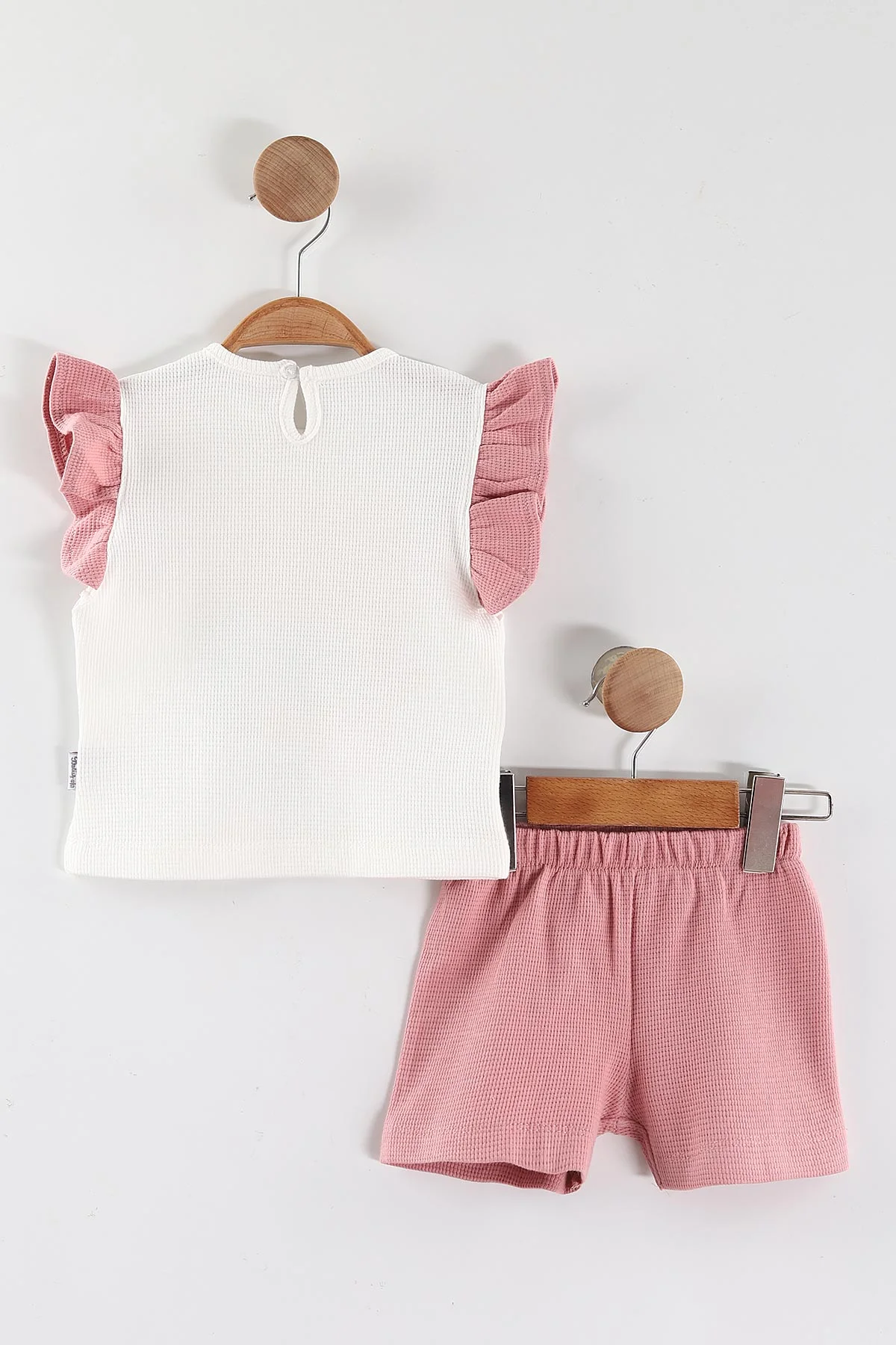 Pembe (6-24 Ay) Çiçek Baskılı Koldan Fırfırlı Waffle Kız  Bebek Yazlık Takım 440639