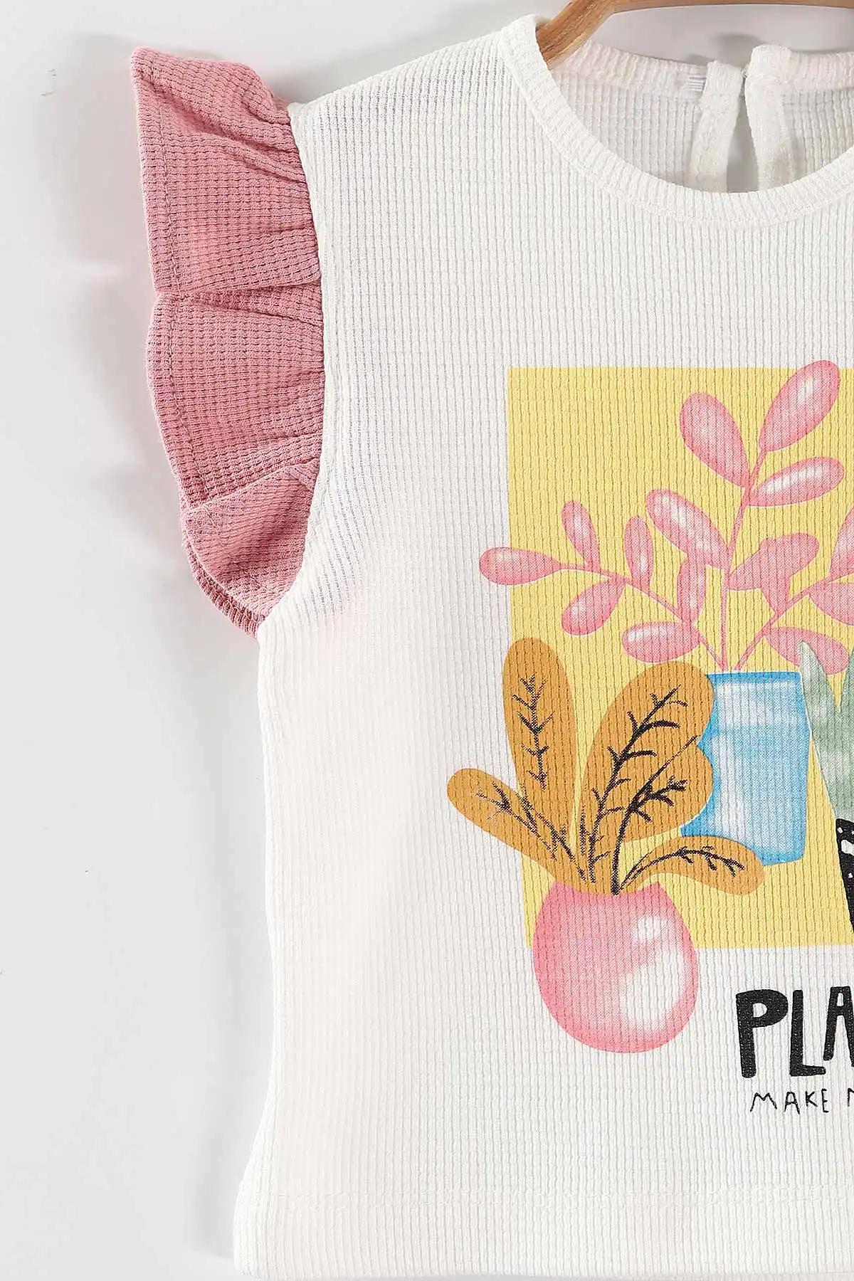 Pembe (6-24 Ay) Çiçek Baskılı Koldan Fırfırlı Waffle Kız  Bebek Yazlık Takım 440639