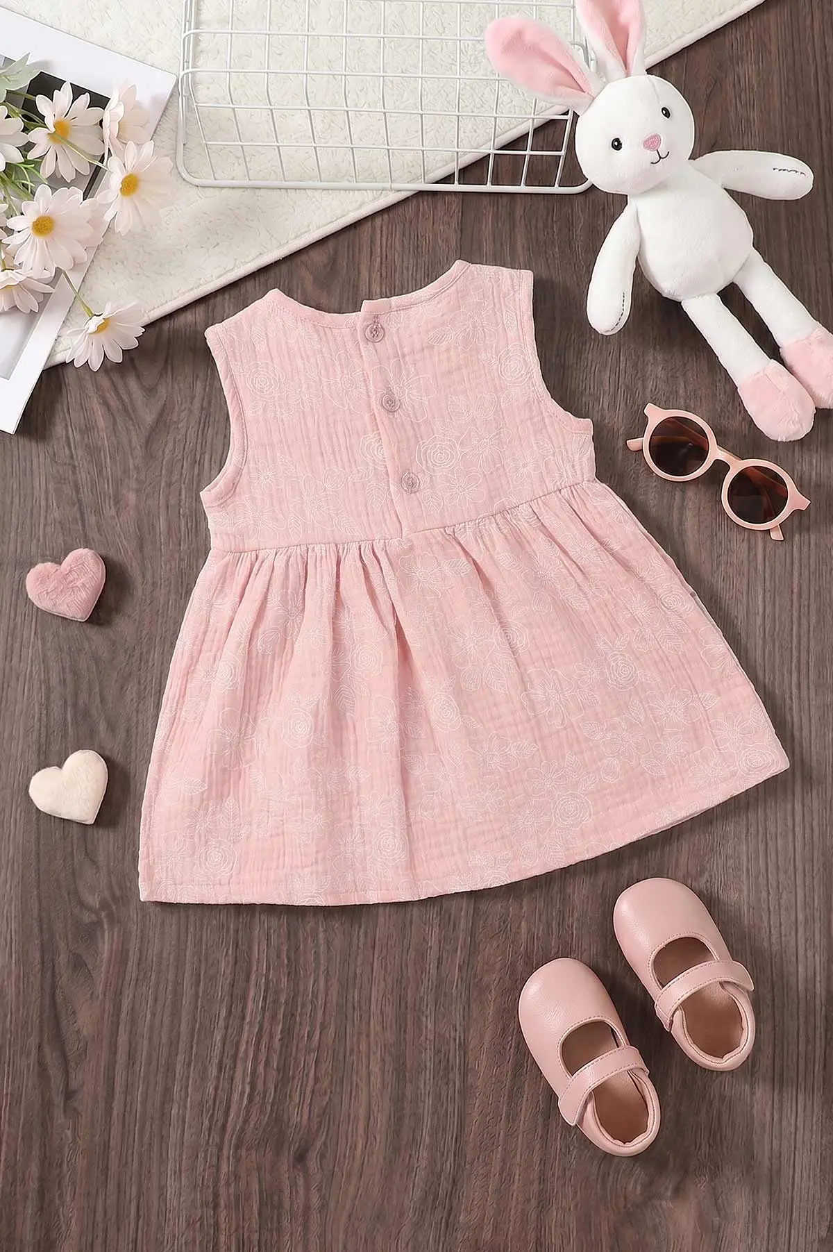 Pembe (6-24 Ay) Çiçek Baskılı Sıfır Kol Müslin Kız Bebek Elbise 461790