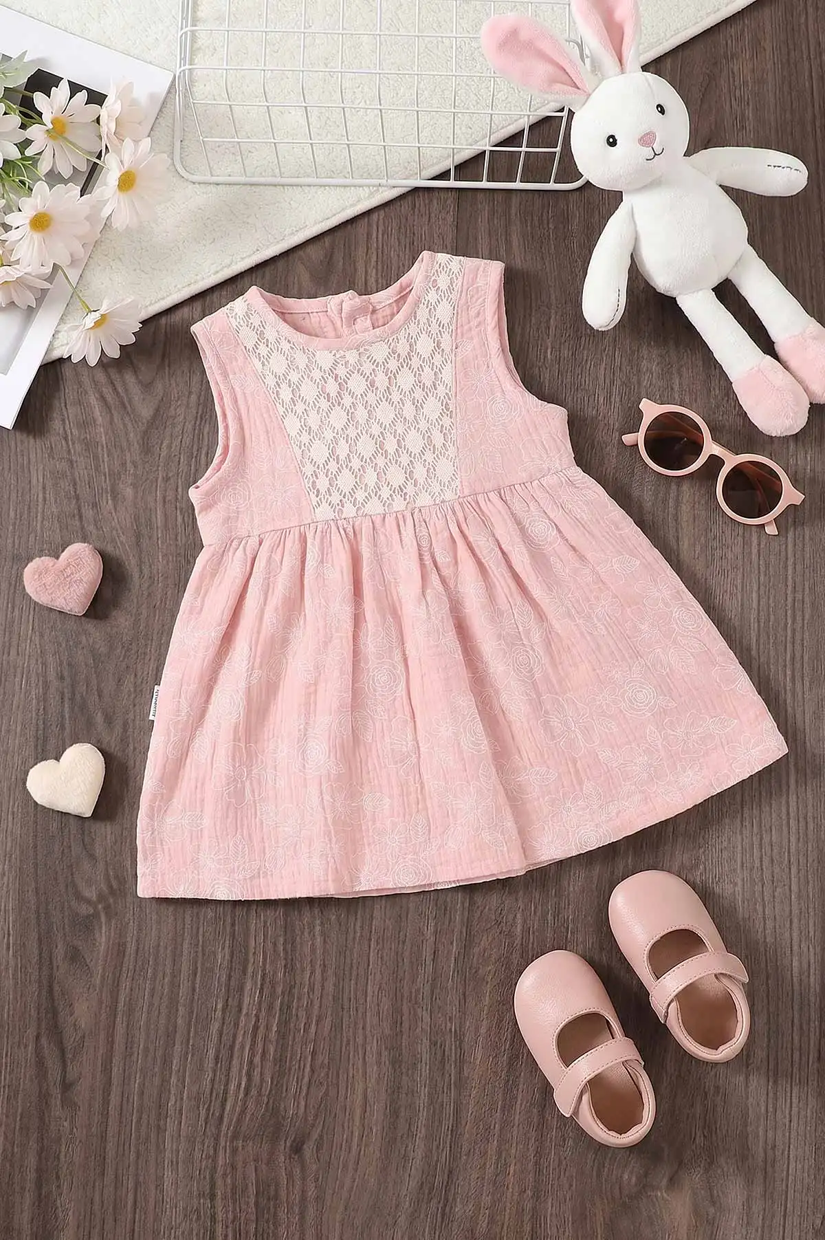 Pembe (6-24 Ay) Çiçek Baskılı Sıfır Kol Müslin Kız Bebek Elbise 461790