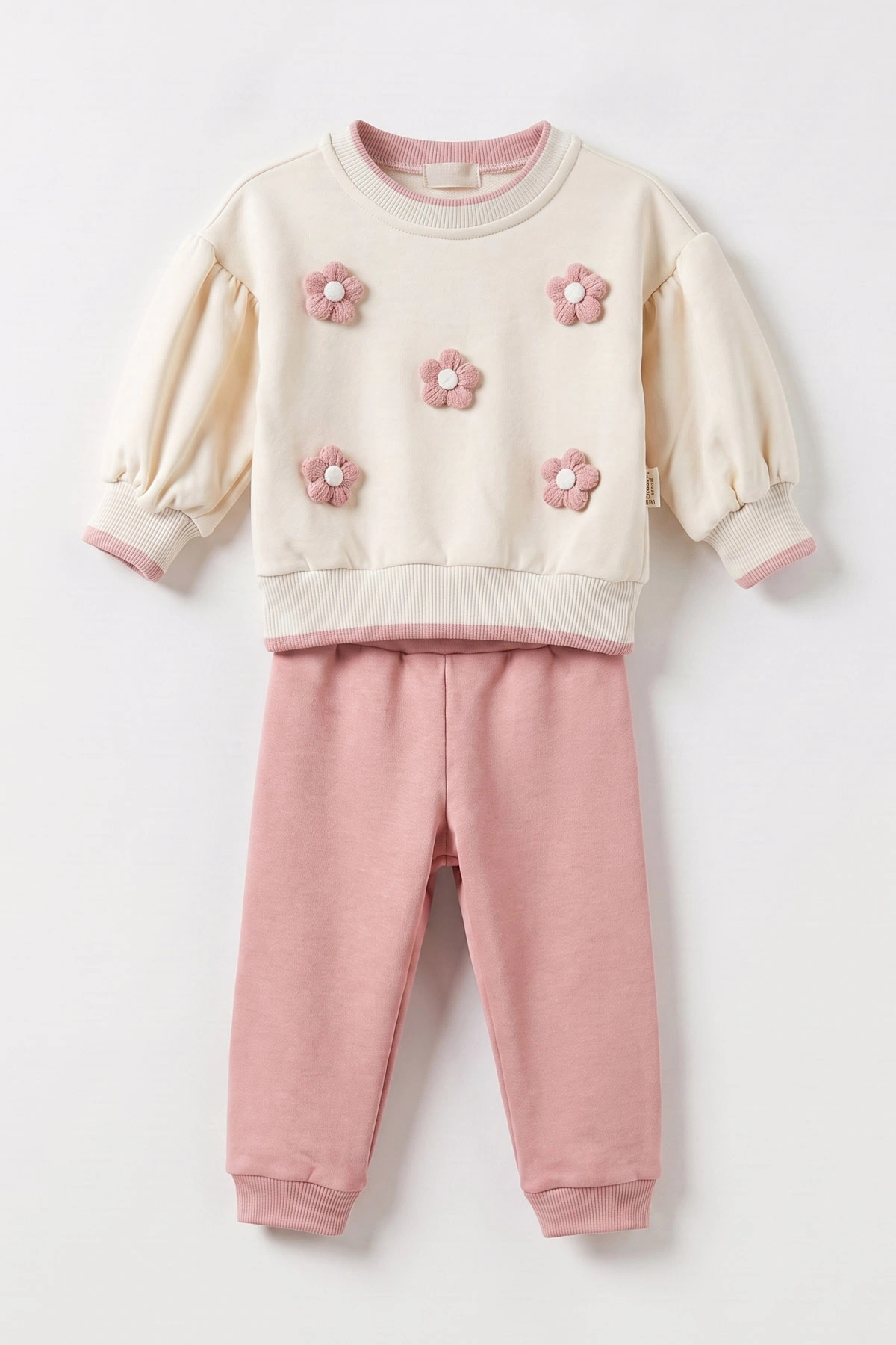 Pembe (6-24 Ay) Çiçek Detaylı Balon Kol 3 İp Şardonlu Kız Bebek Kışlık Takım 485079