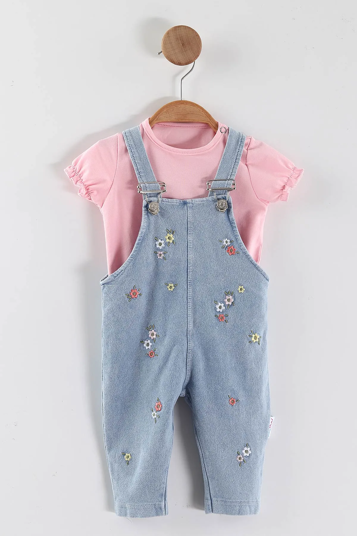 Pembe (6-24 Ay) Çiçek Nakışlı Ayarlanabilir Askılı Tişörtlü Kız Bebek Kot Tulum 453477