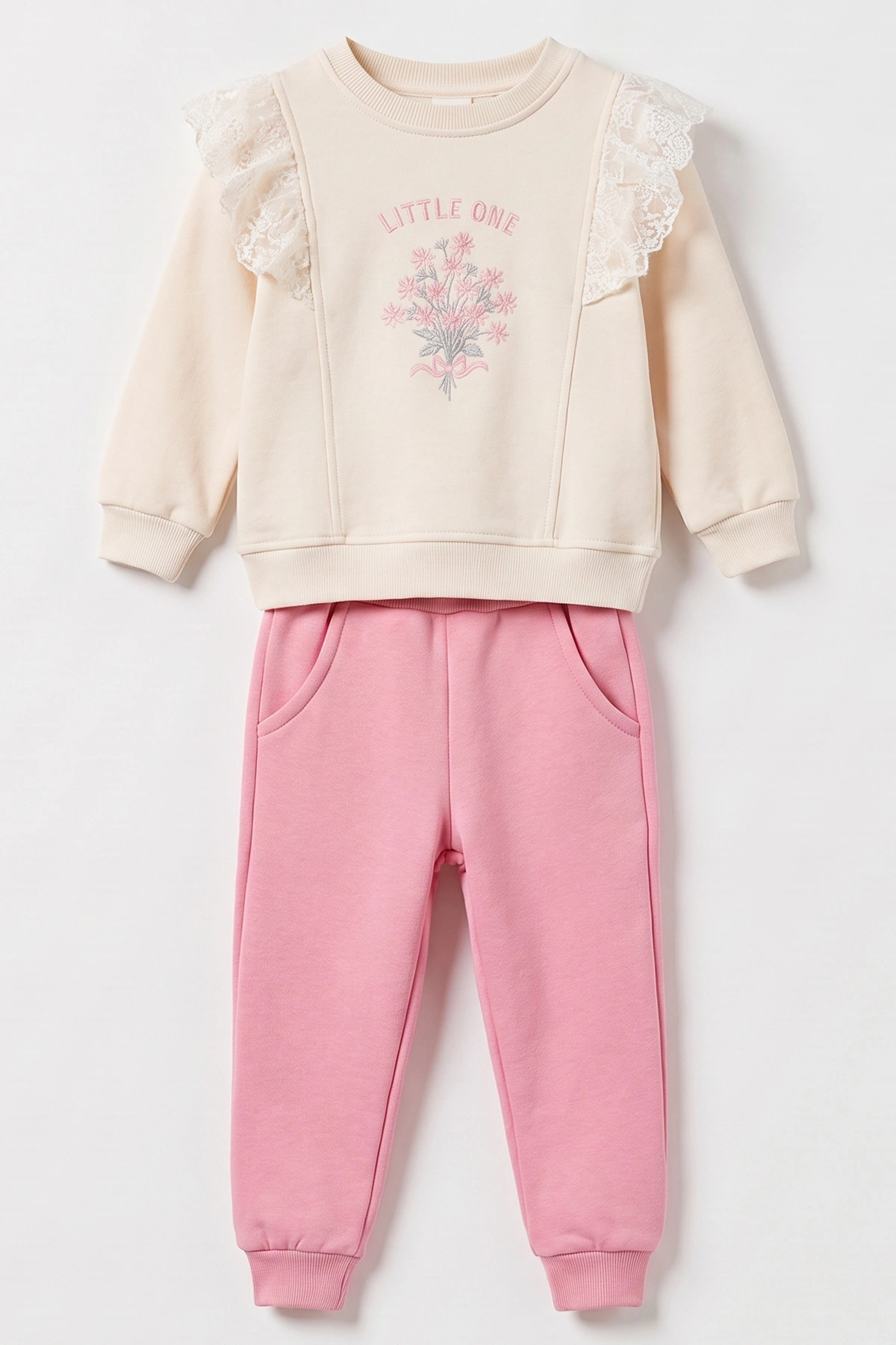 Pembe (6-24 Ay) Çiçek Nakışlı Fırfırlı Dantelli  3 İp Kız Bebek Kışlık Takım 490779