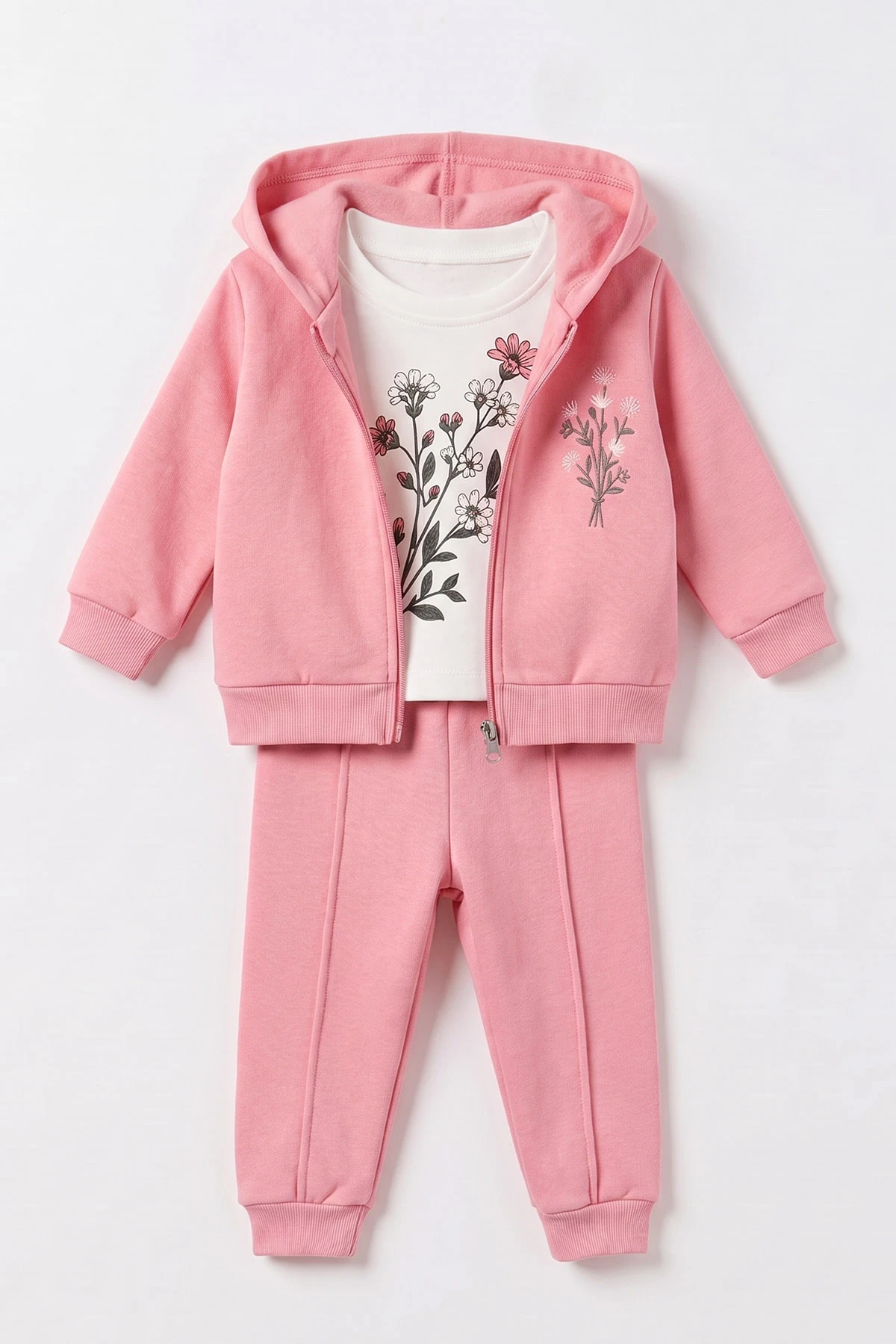 Pembe (6-24 Ay) Çiçek Nakışlı Kapüşonlu Hırkalı 3 İp Şardonlu Kız Bebek 3'lü Takım 497166