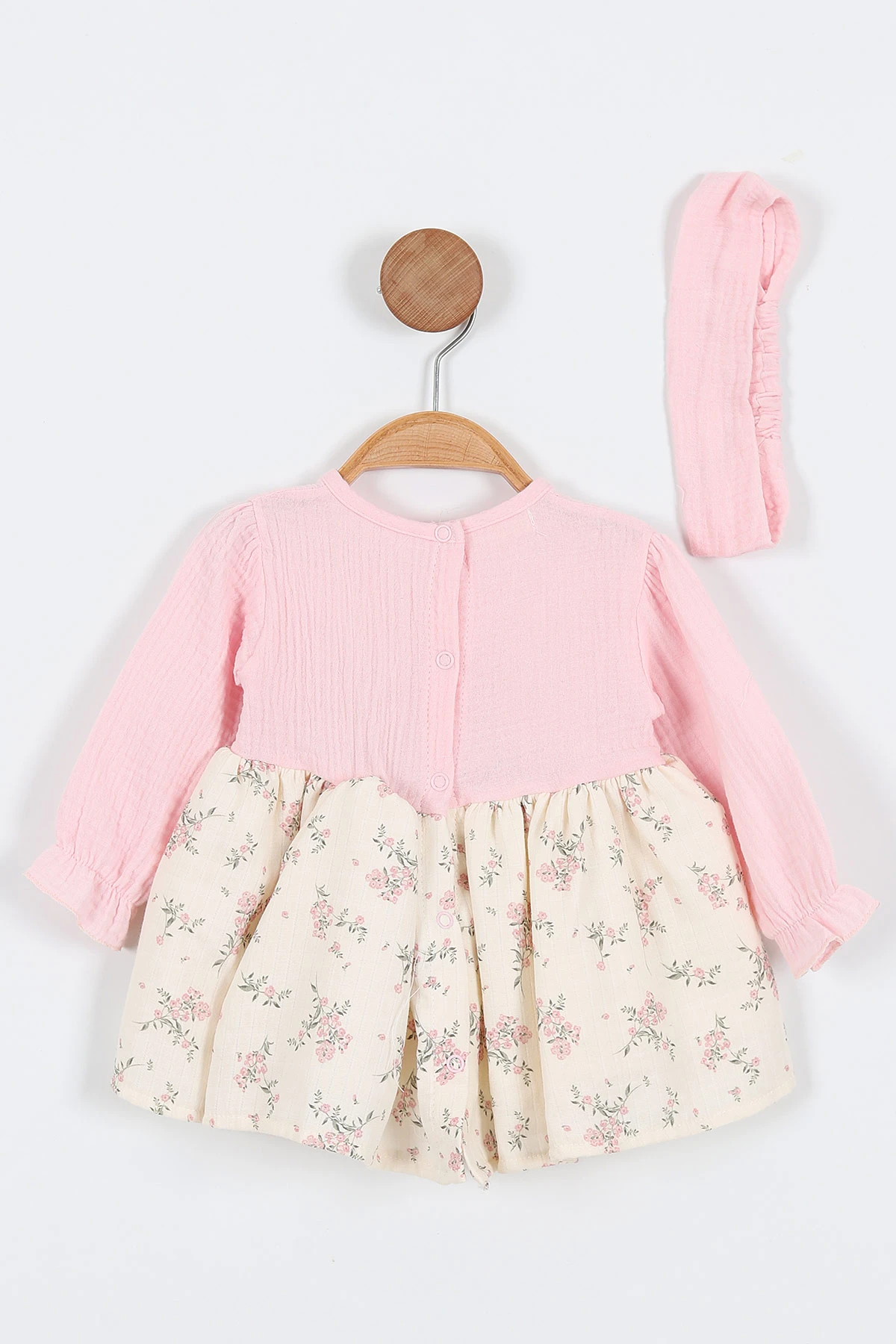 Pembe (6-24 Ay) Çiçekli Desenli Düğmeli  Bandanalı Müslin Kız Bebek Elbise 340705