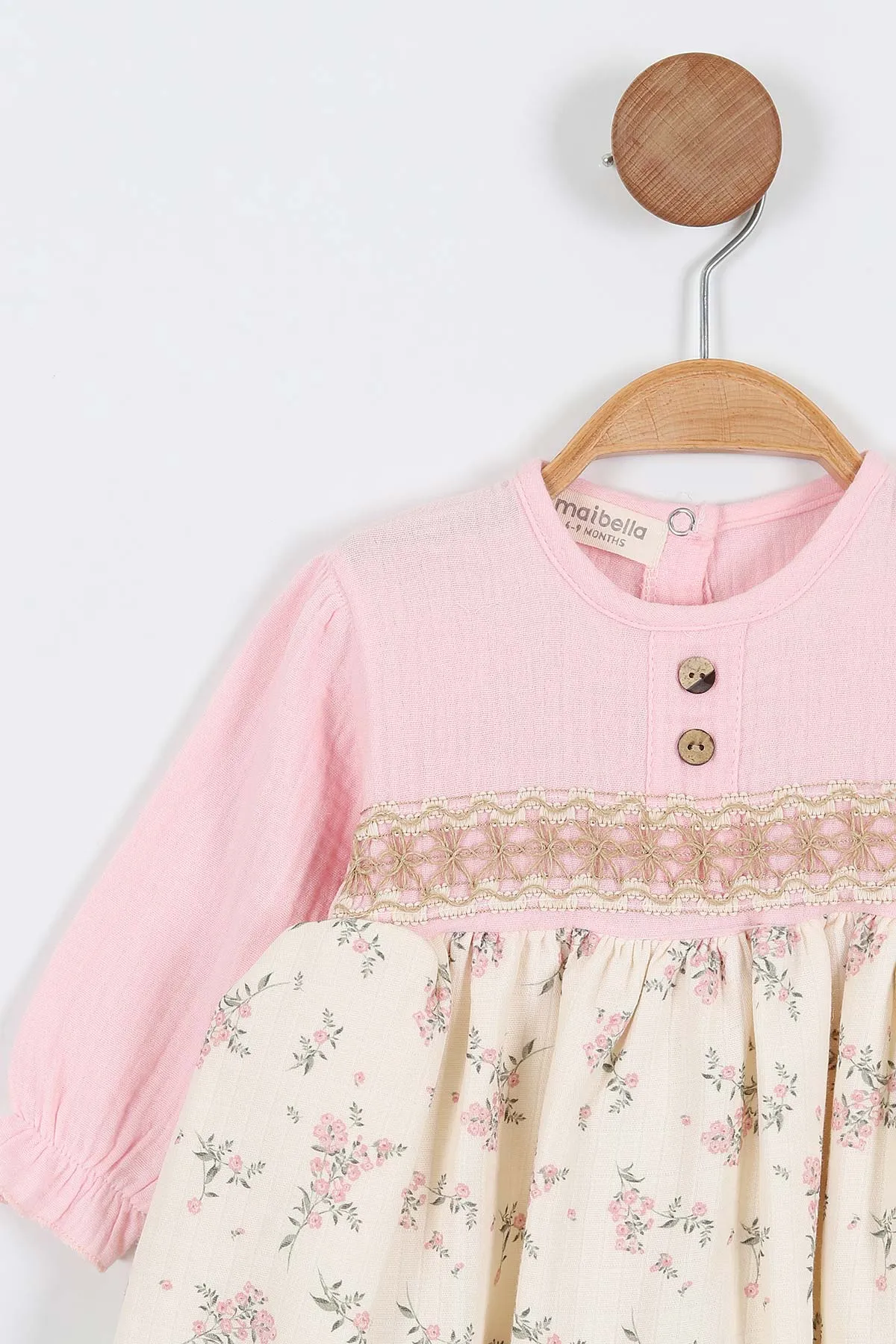 Pembe (6-24 Ay) Çiçekli Desenli Düğmeli  Bandanalı Müslin Kız Bebek Elbise 340705
