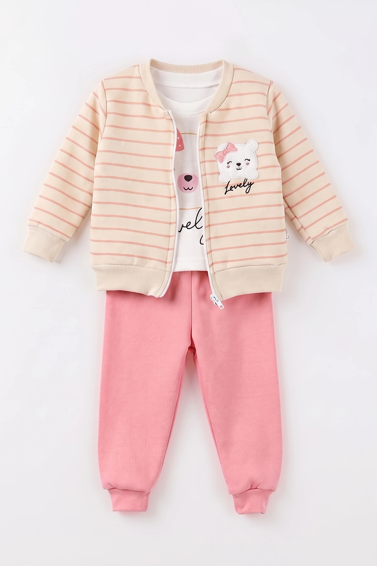 Pembe (6-24 Ay) Çizgili Ayıcık Nakışlı Hırkalı 3 İp Şardonlu Kız Bebek 3'lü Takım 497171