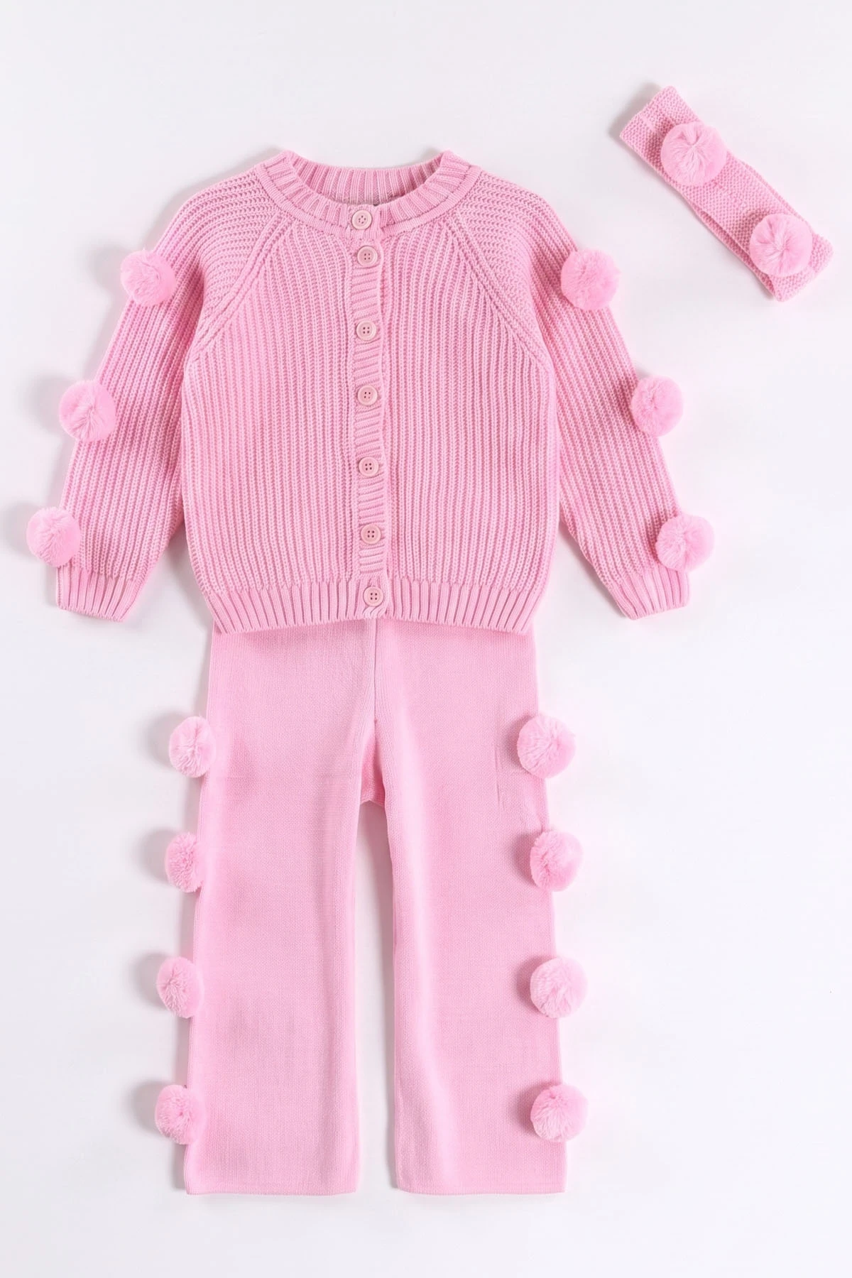 Pembe (6-24 Ay) Düğmeli Ponpon Detaylı Bandanalı Kız Bebek Takım 474151