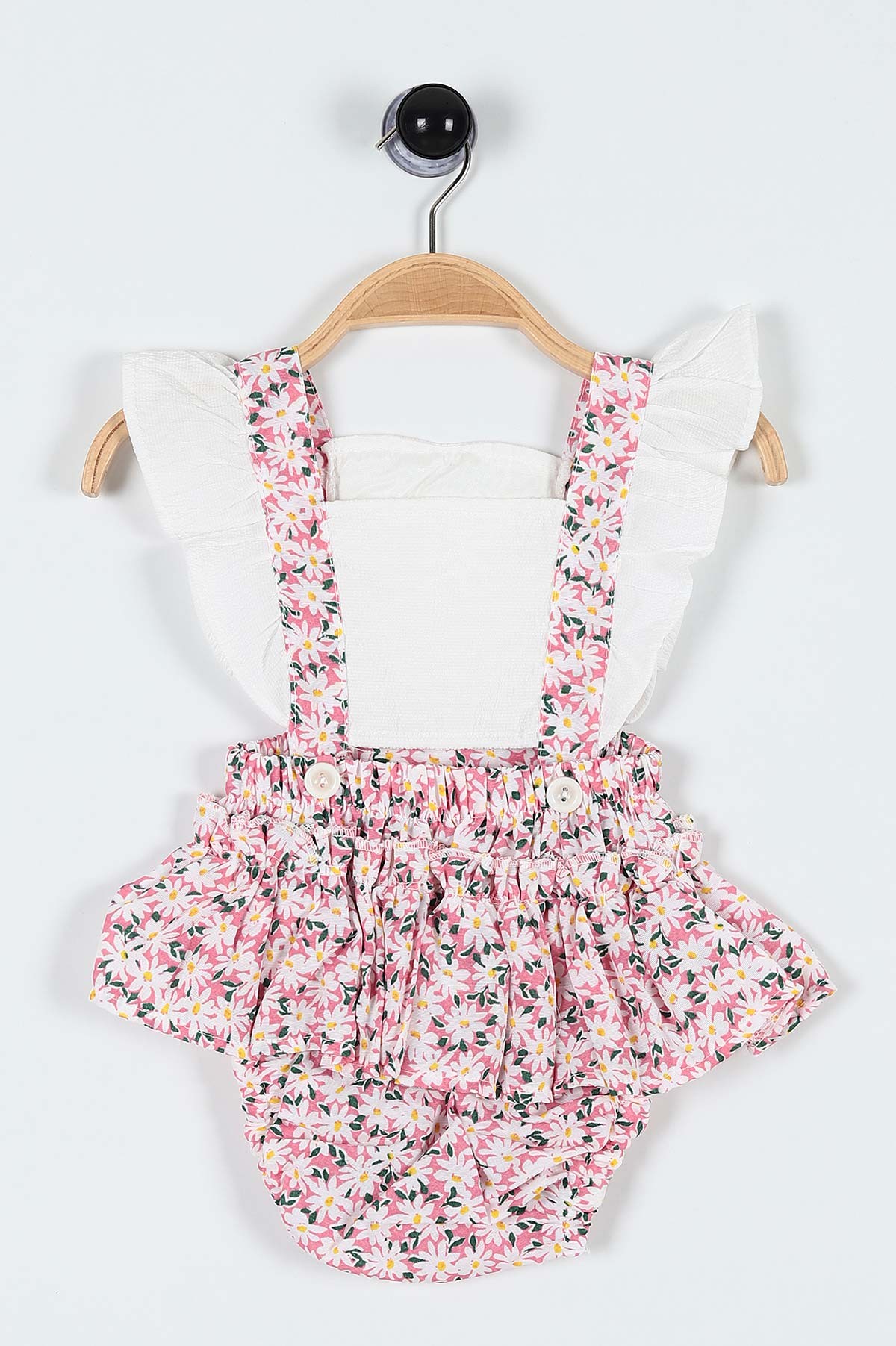 Pembe (6-24 Ay) Fırfırlı Çiçek Baskılı Askılı Şortlu Kız Bebe Romper 184461