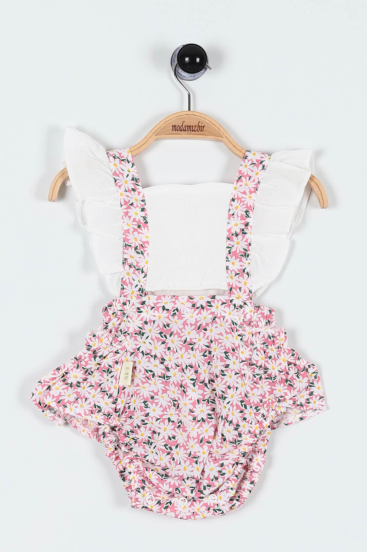 Pembe (6-24 Ay) Fırfırlı Çiçek Baskılı Askılı Şortlu Kız Bebe Romper 184461
