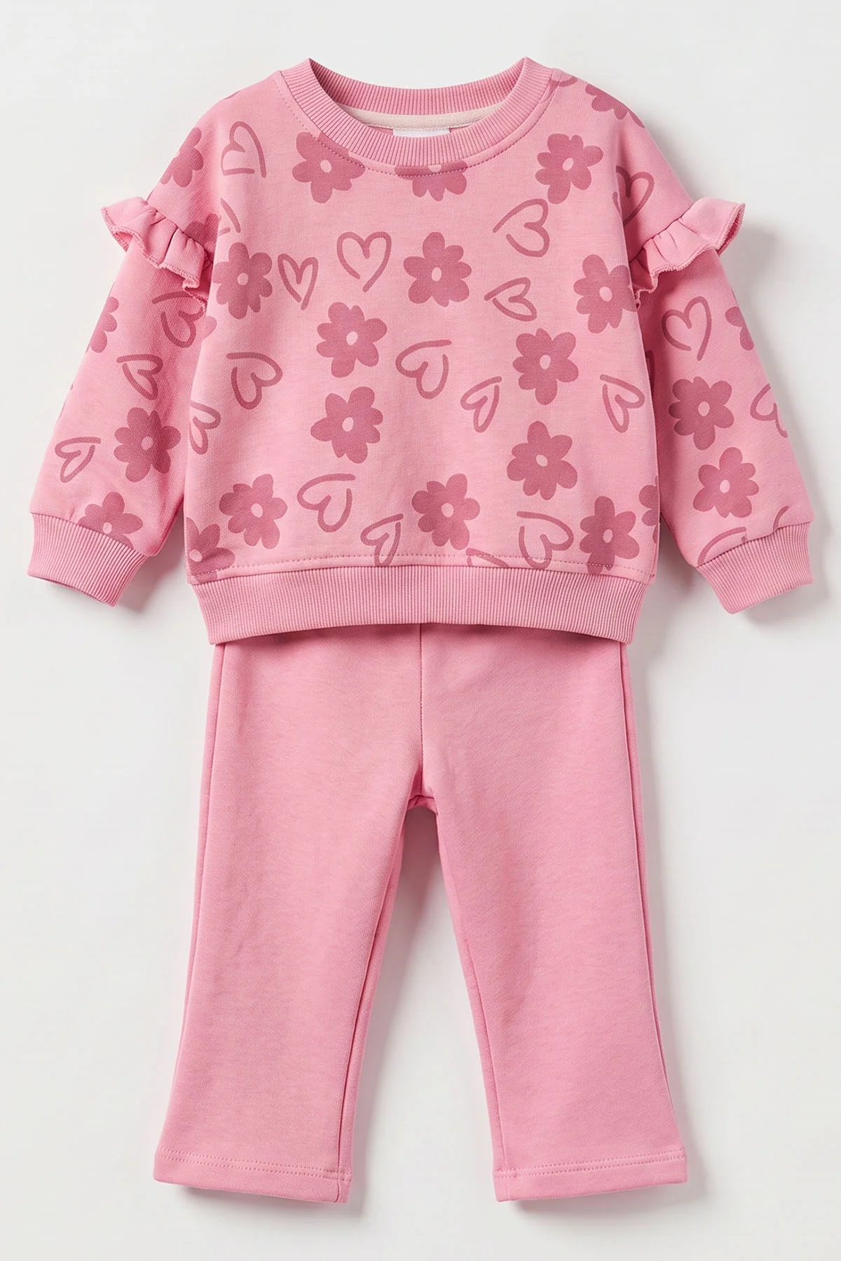 Pembe (6-24 Ay) Kalp Baskılı Fırfırlı 3 İp  Şardonlu  Kız Bebek Kışlık Takım 490773