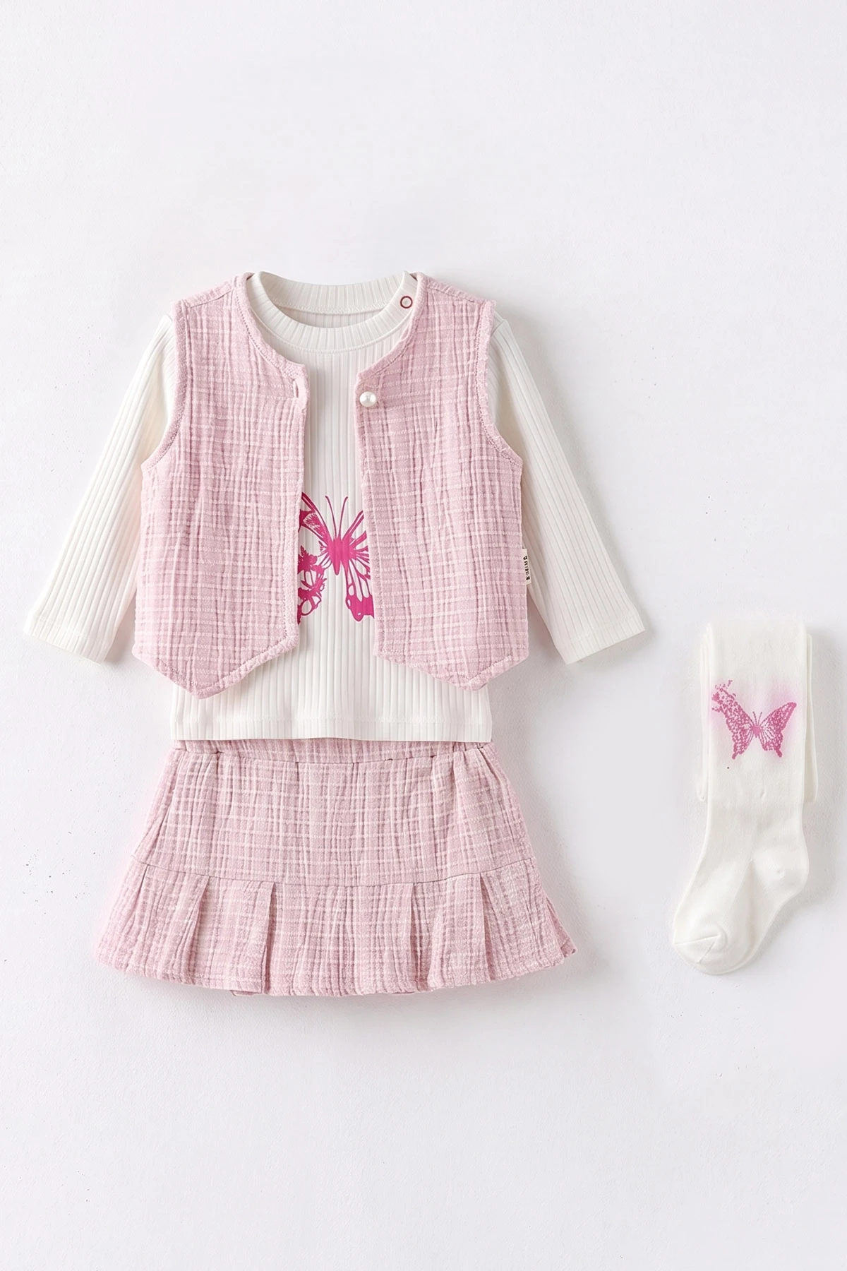 Pembe (6-24 Ay) Kelebek Baskılı Raporlu Badili Etekli Kız Bebek 4'lü Takım 482245