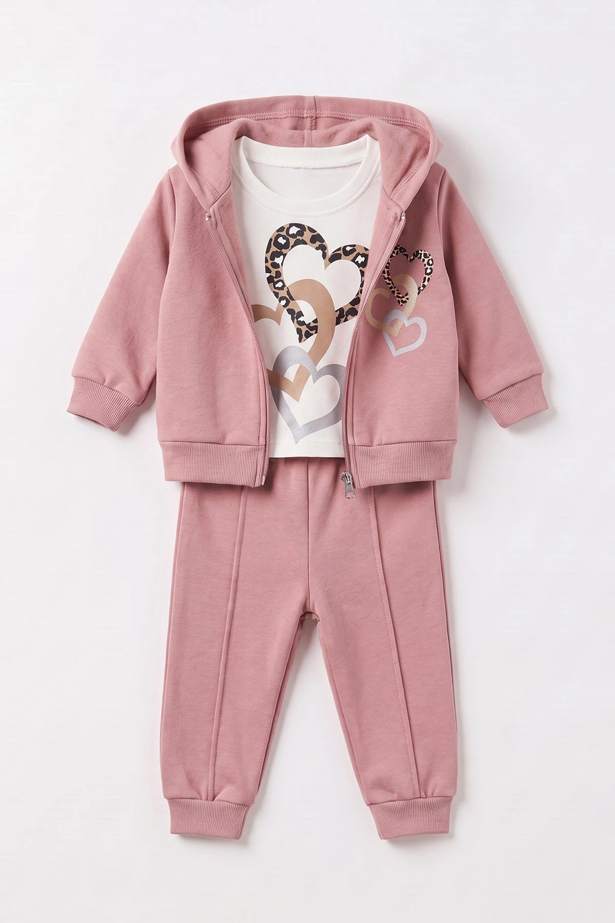 Pembe (6-24 Ay) Leopar Kalp Baskılı Hırkalı 3 İp Şardonlu Kız Bebek 3'lü Takım 497333