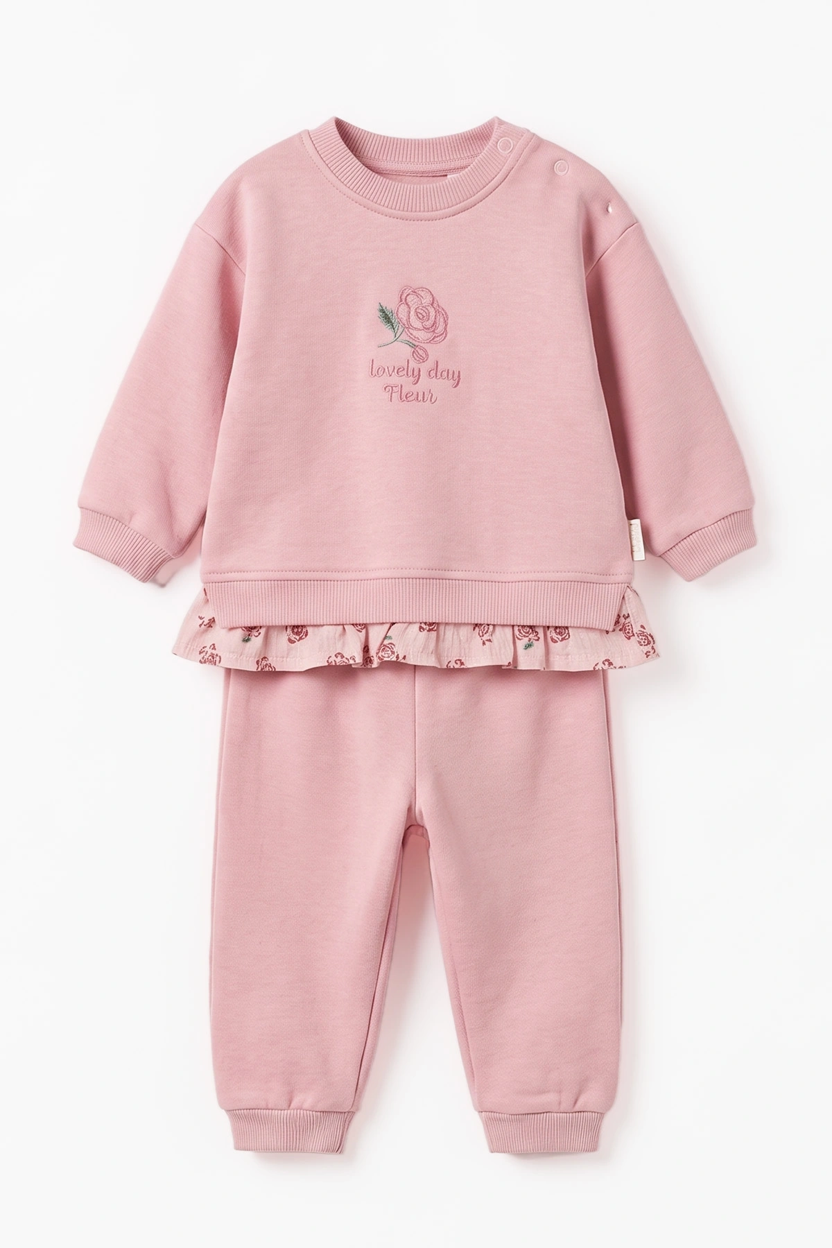Pembe (6-24 Ay) Müslin Fırfırlı Gül Nakışlı 3 İp Şardonlu Kız Bebek Kışlık Takım 499710