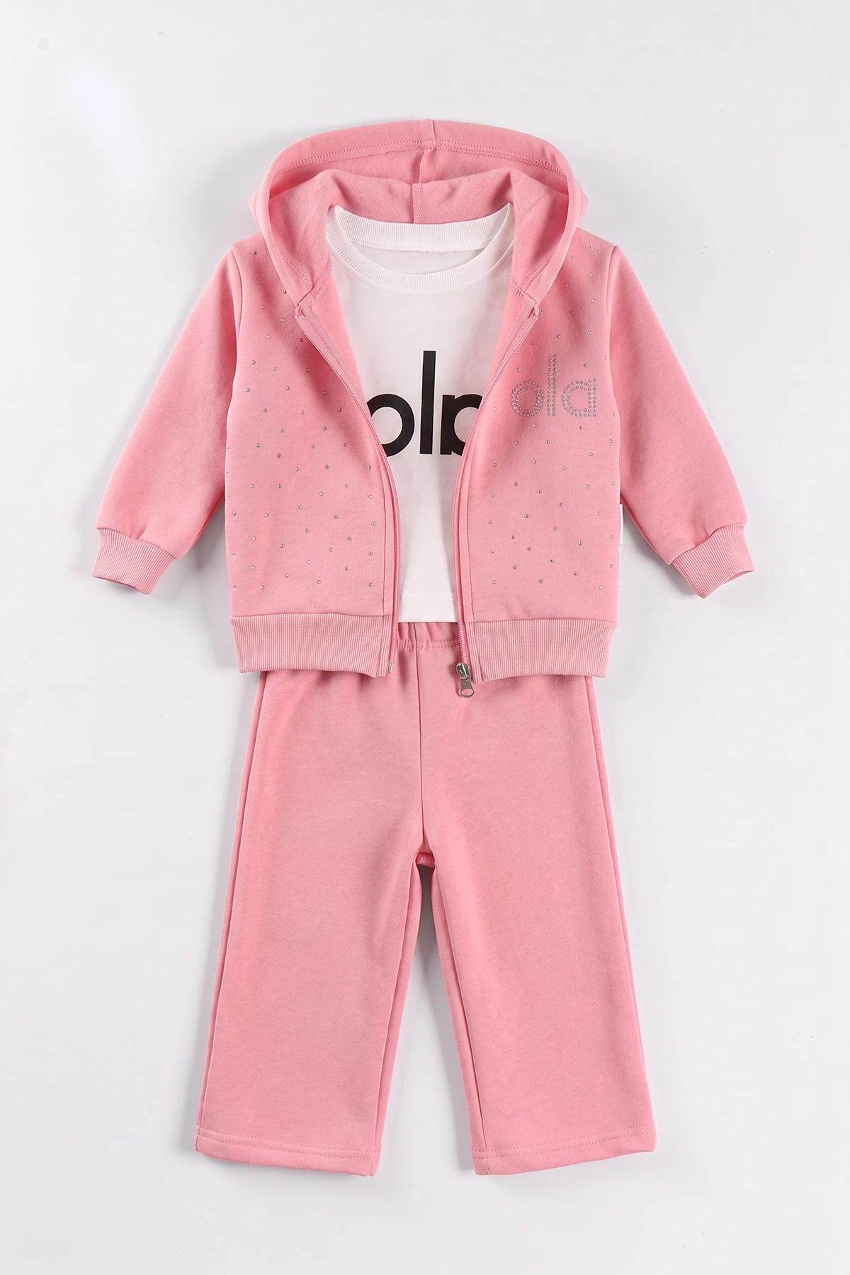 Pembe (6-24 Ay) Ola Taş Baskılı Hırkalı 3 İp Şardonlu Kız Bebek 3'lü Kışlık Takım 499691
