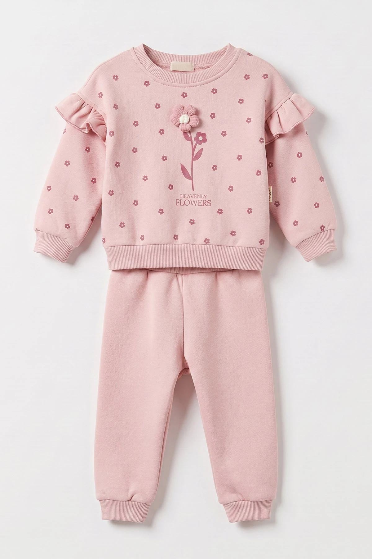 Pembe (6-24 Ay) Papatya Baskılı   Omuzdan Fırfırlı 3 İp Şardonlu Kız Bebek Kışlık Takım 485088