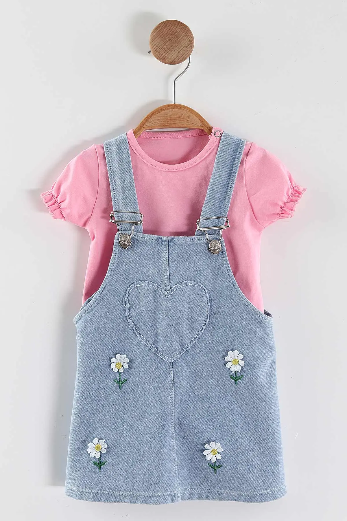 Pembe (6-24 Ay) Papatya Nakışlı   Ayarlanabilir Askılı Tişörtlü  Kot Kız Bebek Elbise  445437