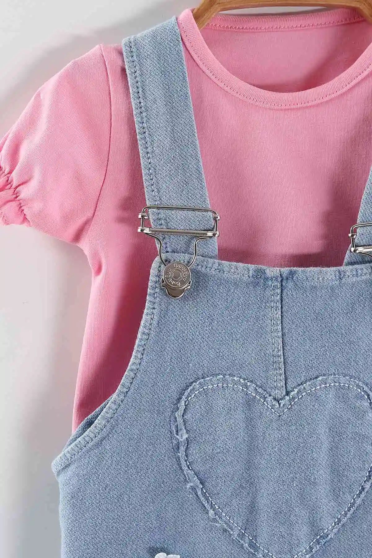 Pembe (6-24 Ay) Papatya Nakışlı   Ayarlanabilir Askılı Tişörtlü  Kot Kız Bebek Elbise  445437