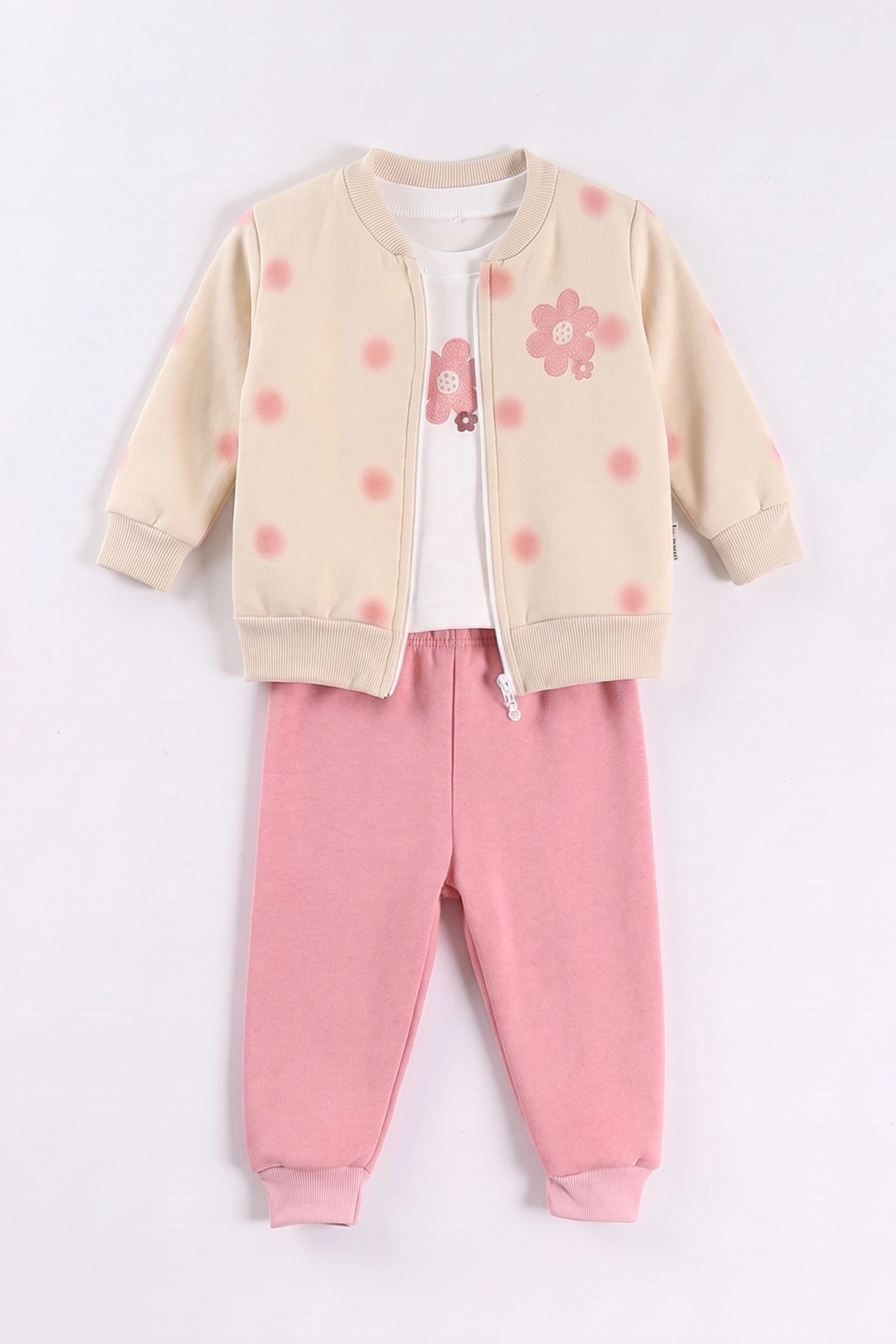 Pembe (6-24 Ay) Puanlı Çiçek Baskılı  Hırkalı 3 İp Şardonlu Kız Bebek 3'lü Takım 497175