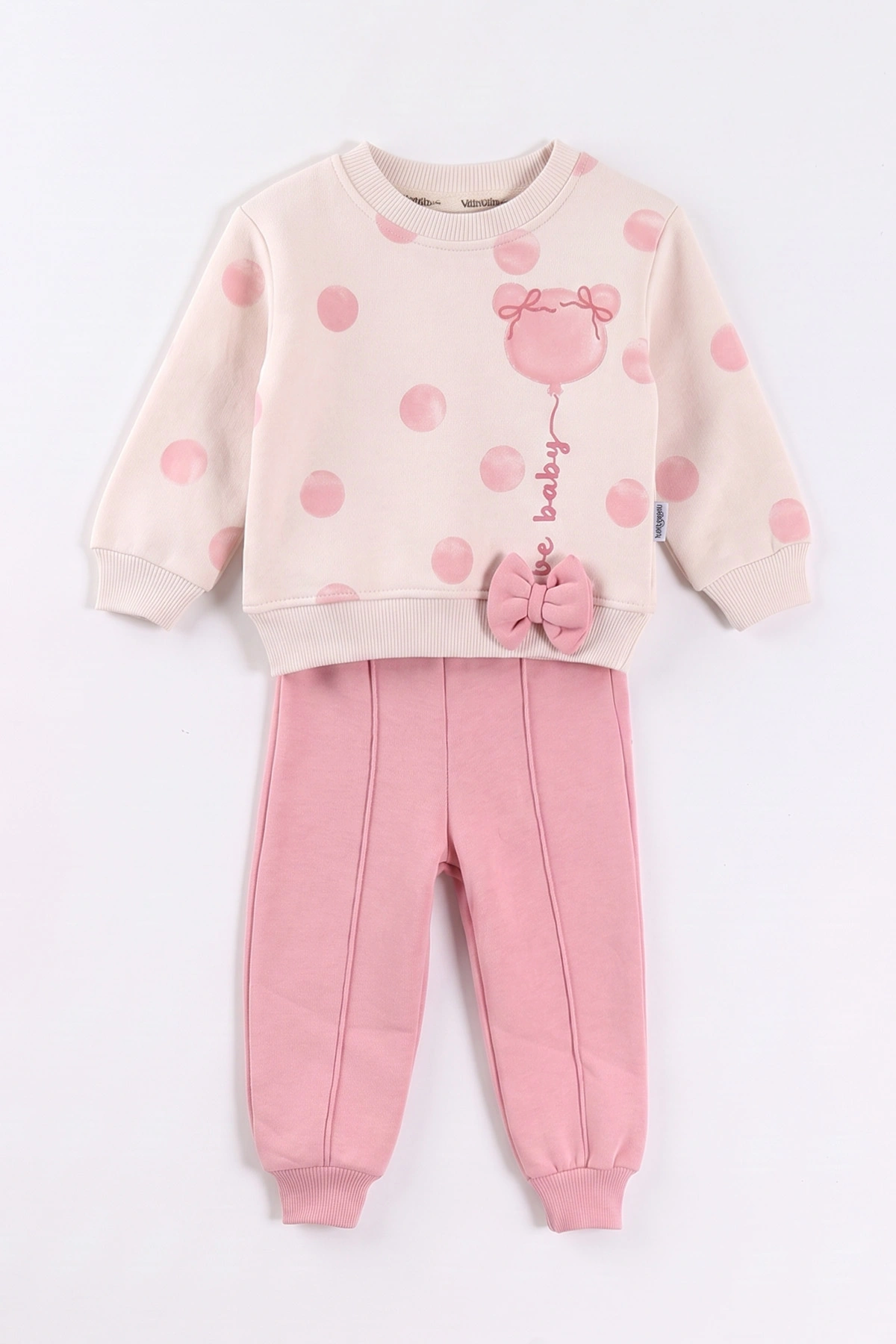 Pembe (6-24 Ay) Puantiye Baskılı Fiyonklu Alt Çimalı 3 İp Şardonlu Kız Bebek Kışlık Takım 497573