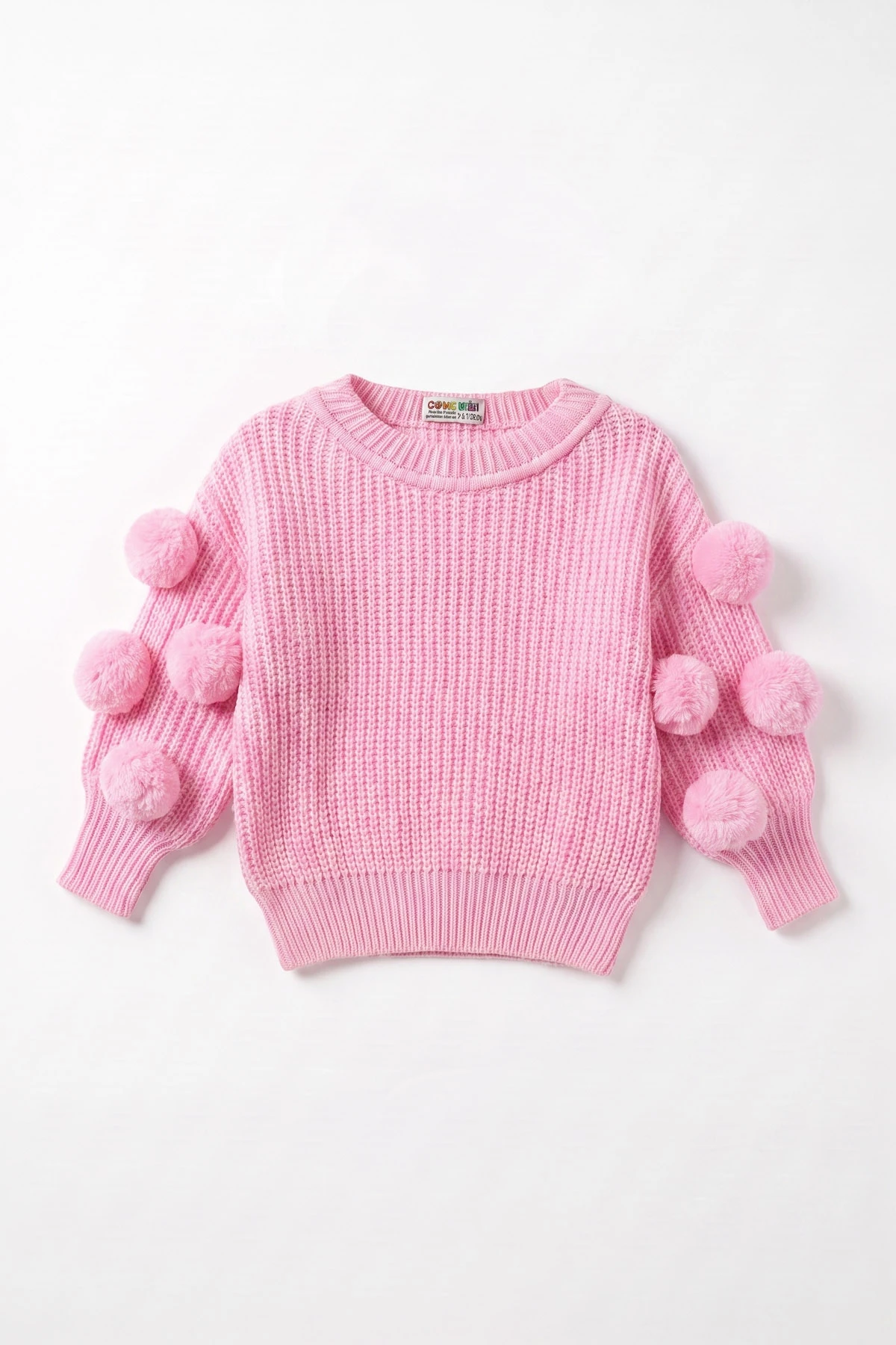 Pembe (6-24 Ay) Selanik Örgülü Oversize Kolları Ponponlu Kız Bebek Triko Kazak 474600